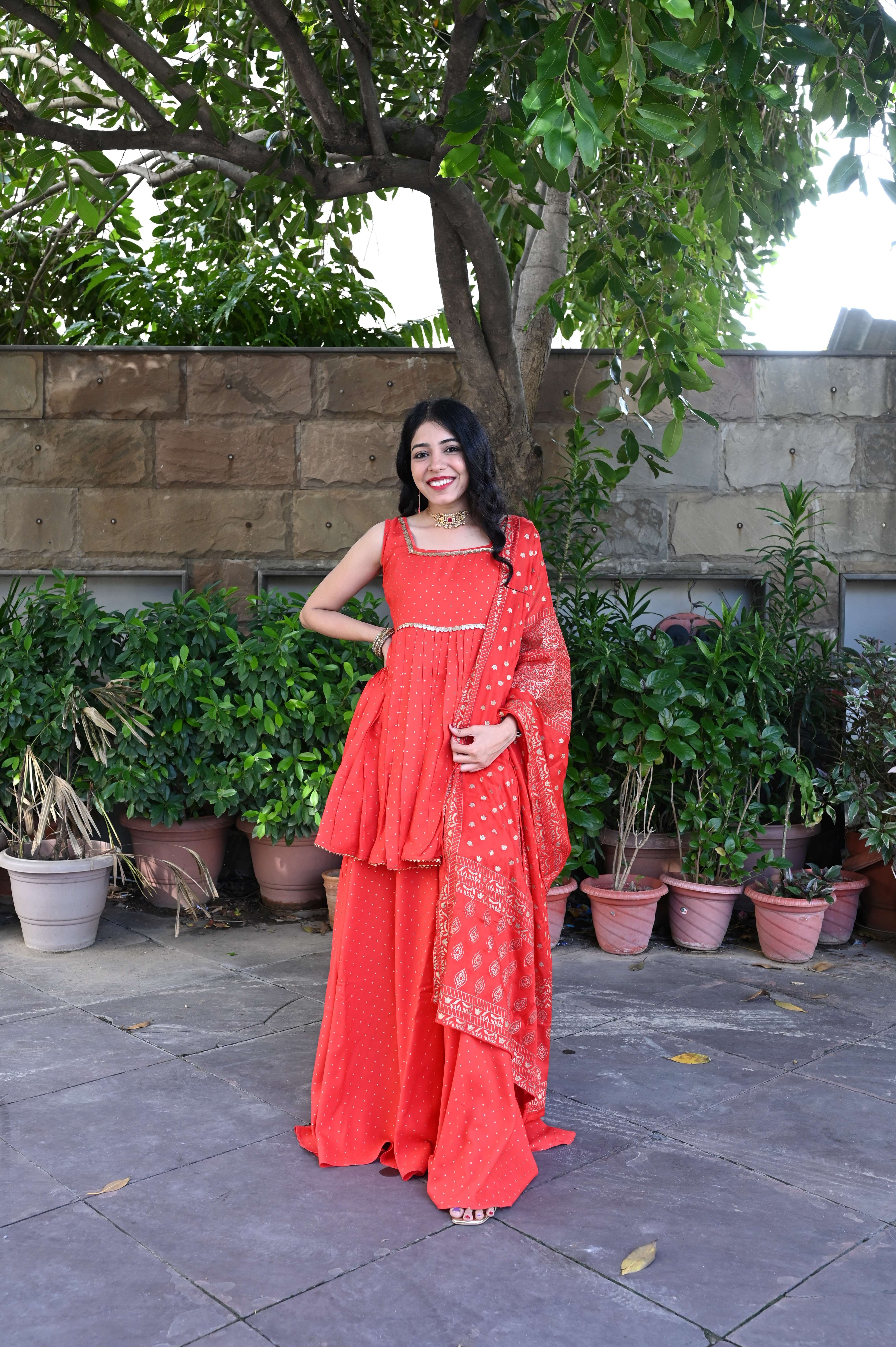 Red Designer Kurta Palazzo Set