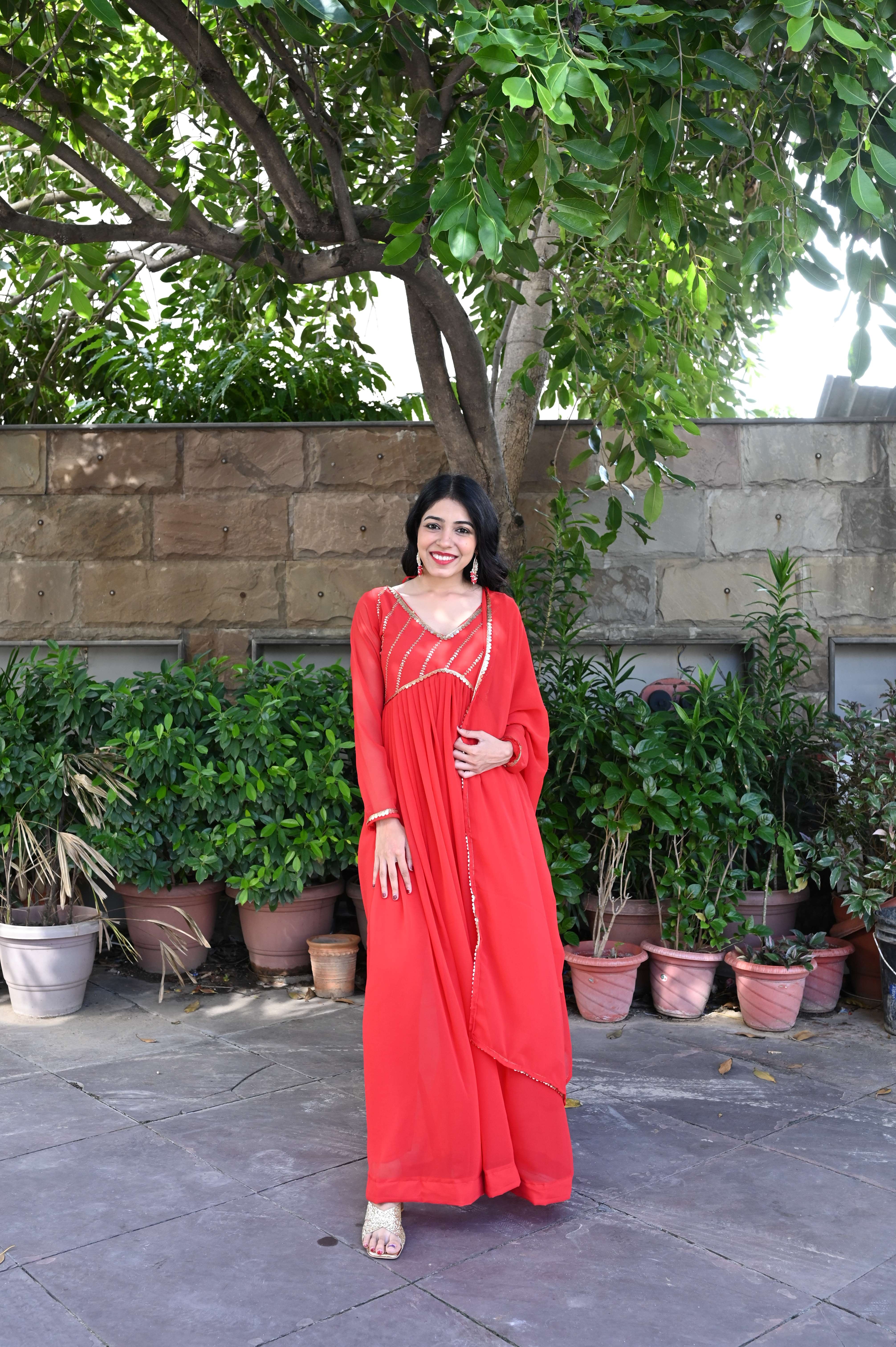 Red Designer Georgette Anarkali Set