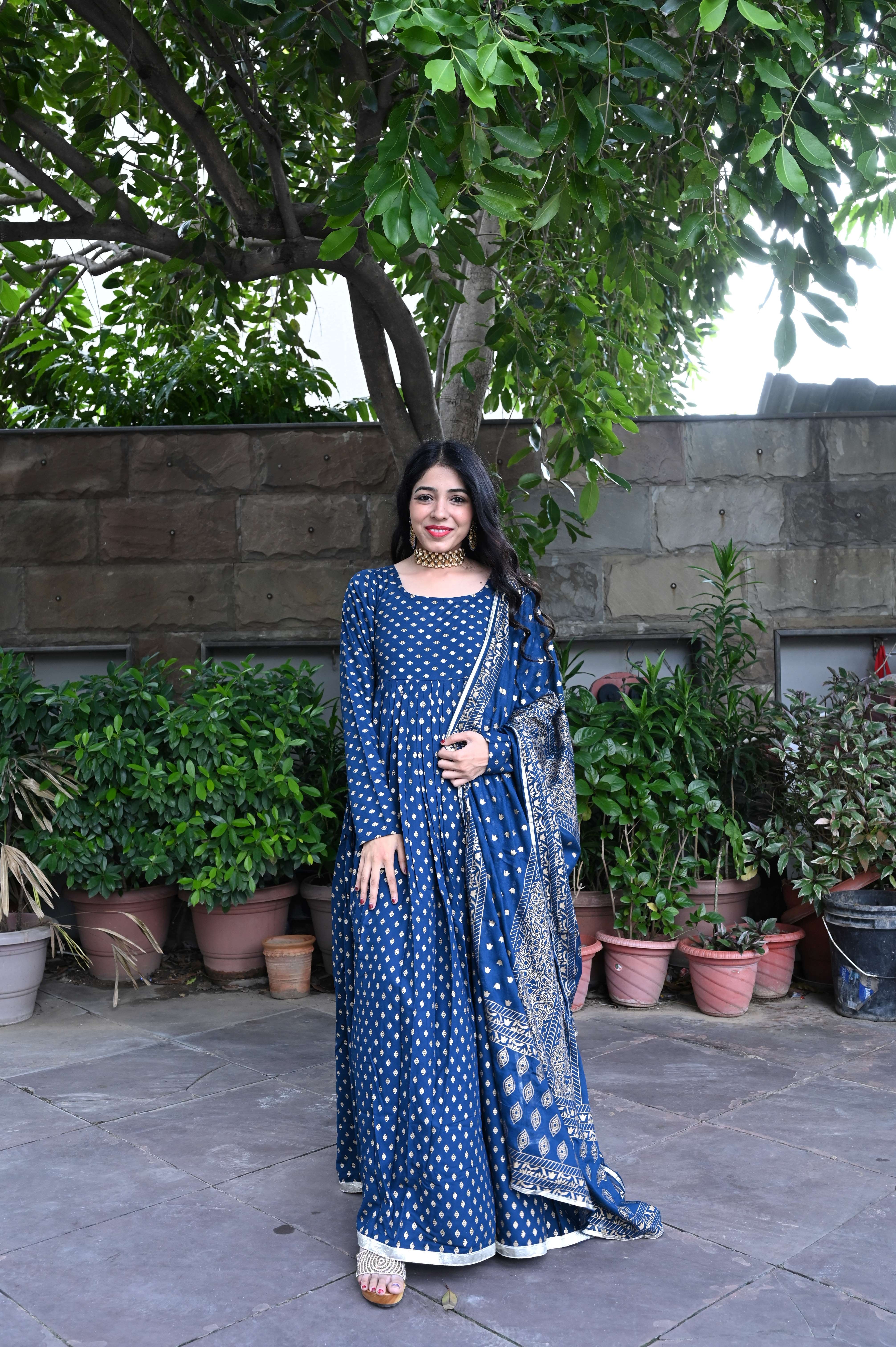 Blue Printed Designer Anarkali Suit Set