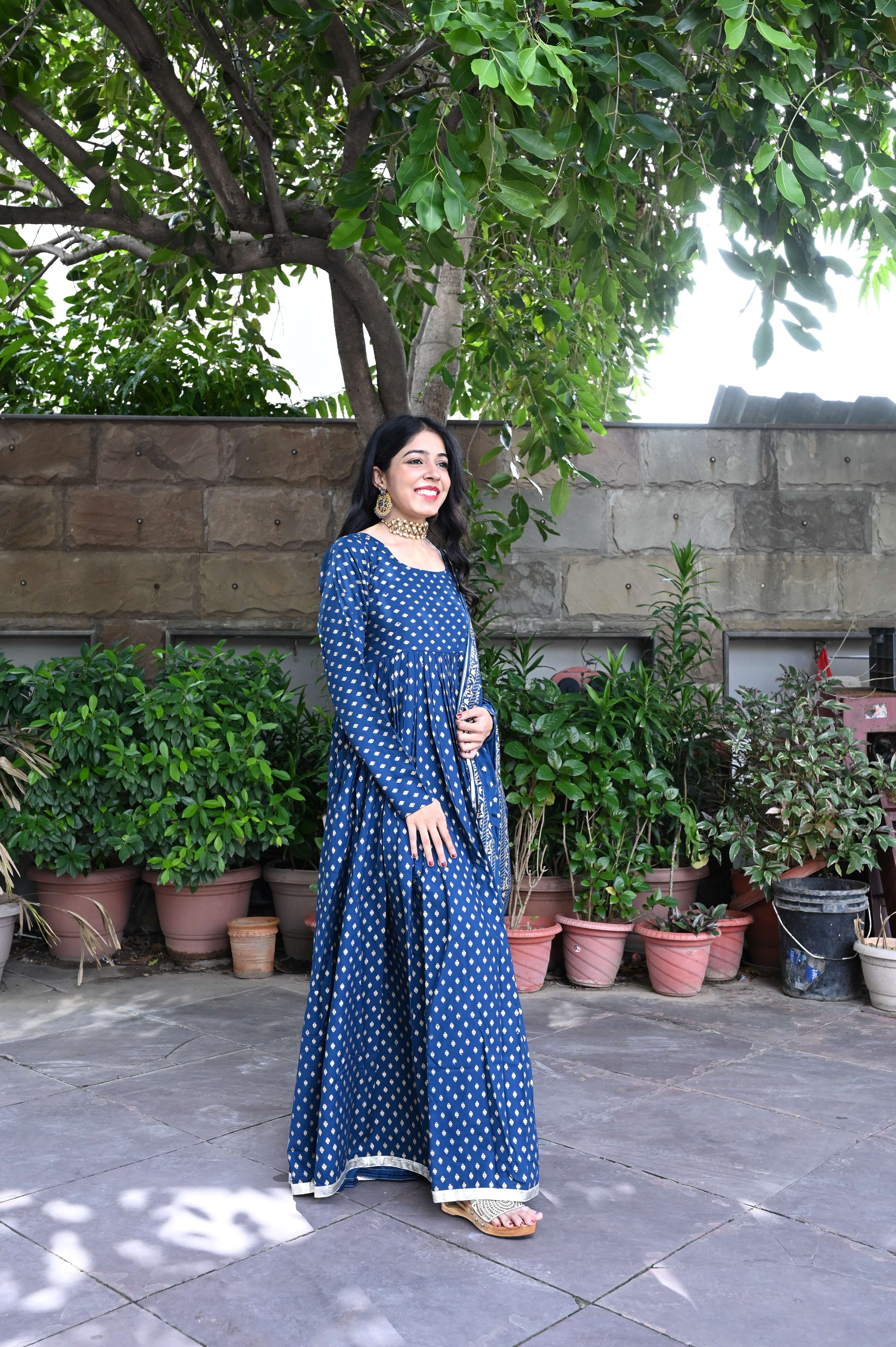 Blue Printed Designer Anarkali Suit Set