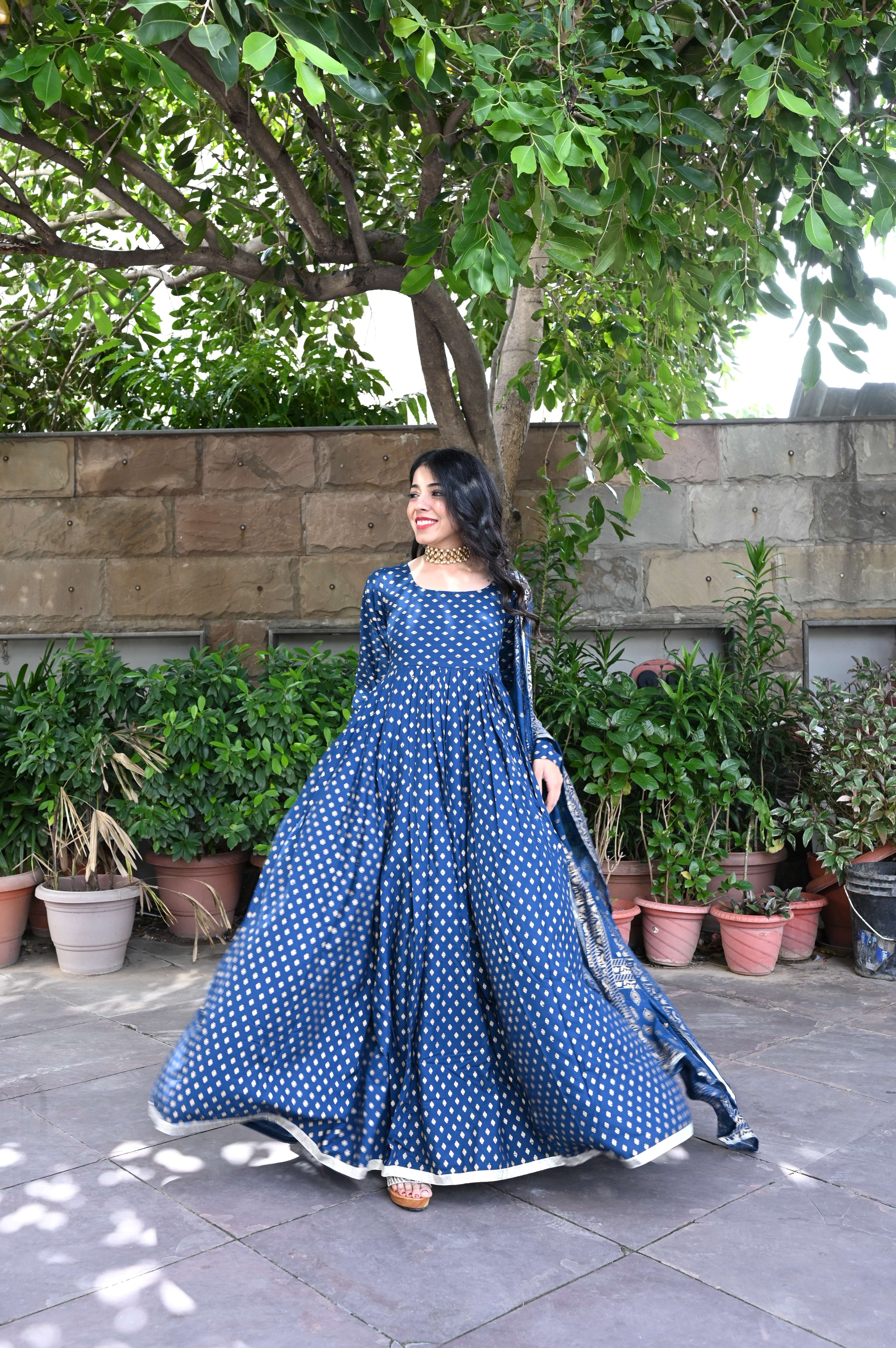 Blue Printed Designer Anarkali Suit Set