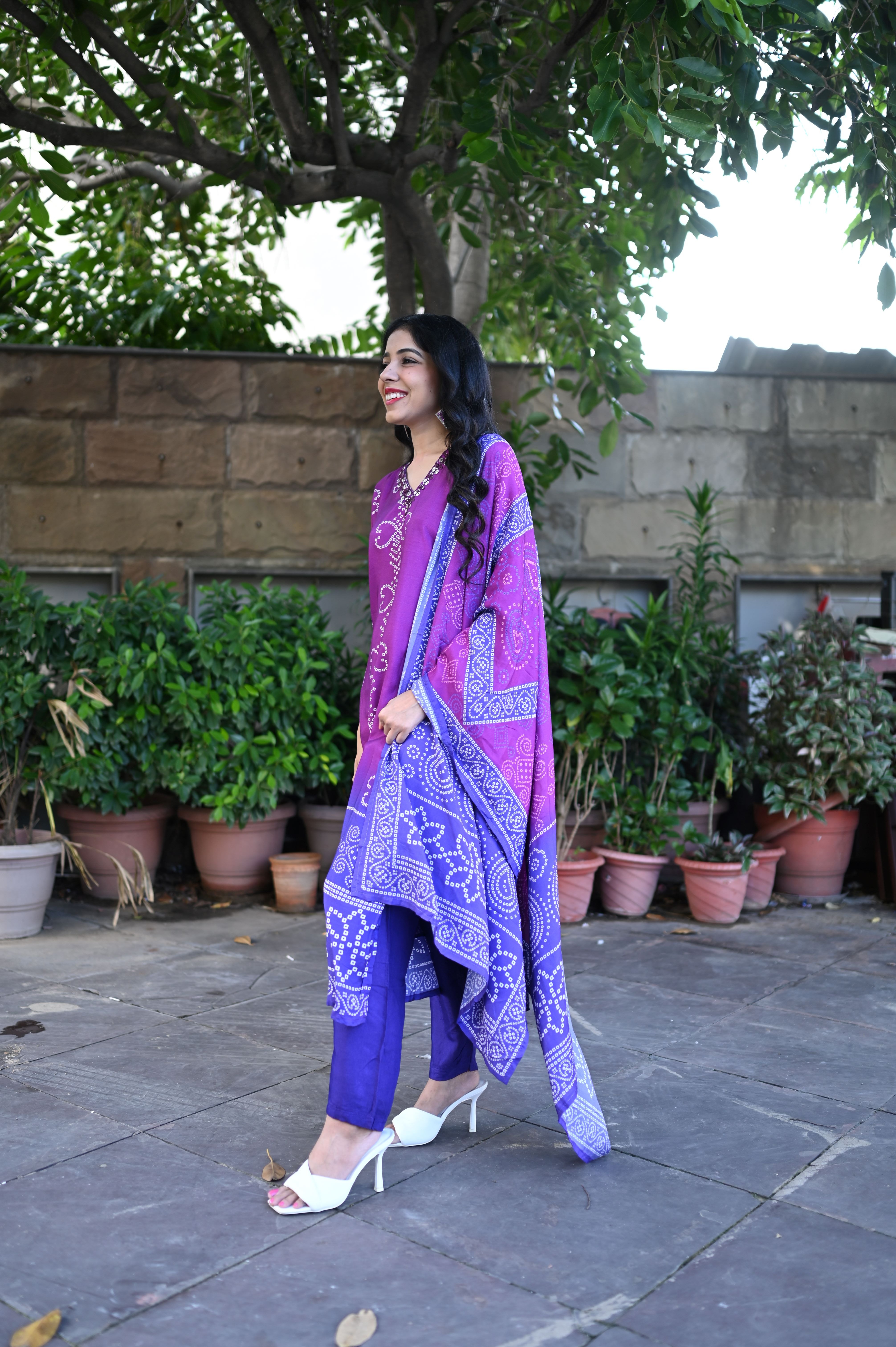 Purple Silk Bandhej Suit Set