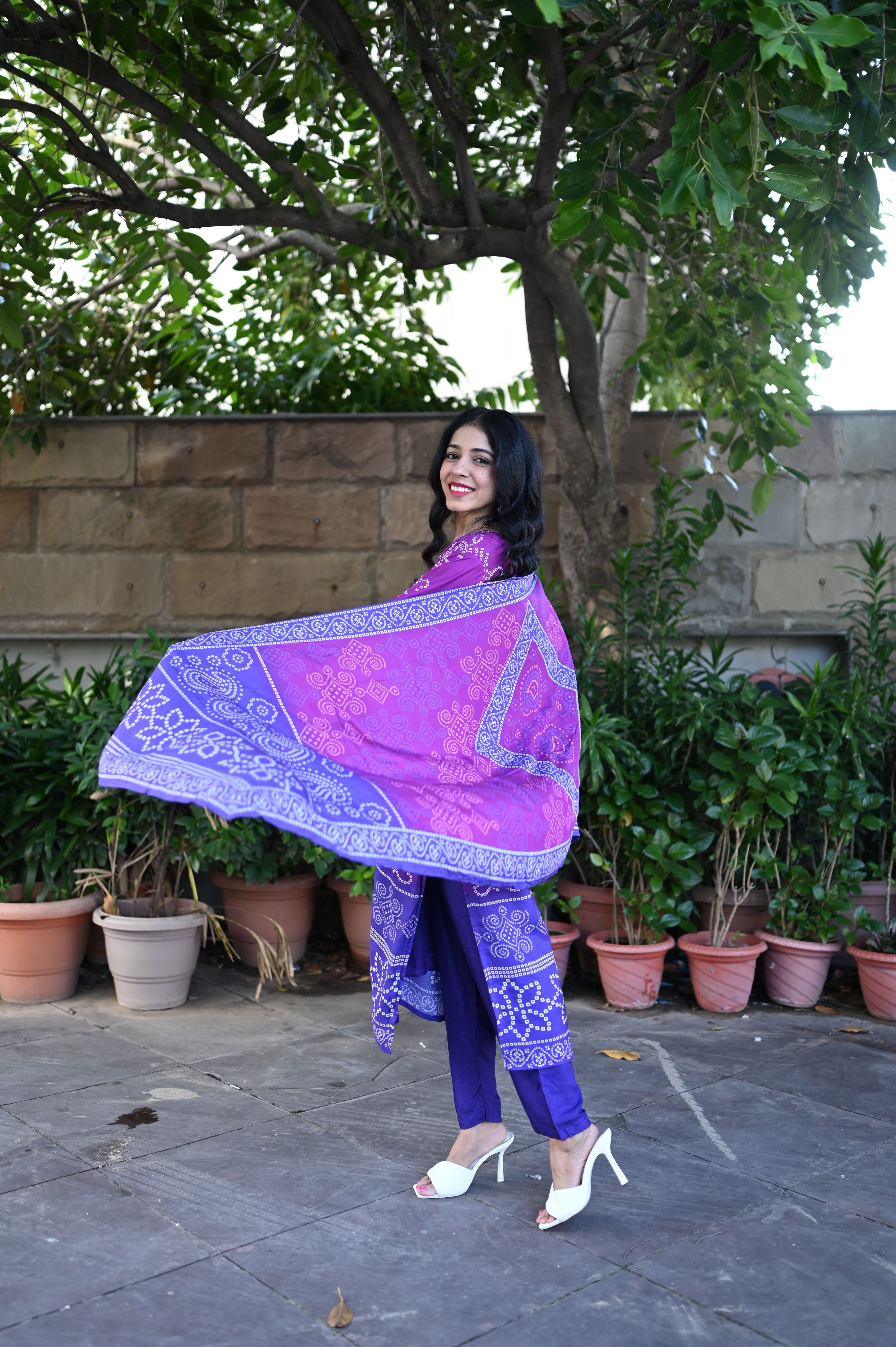 Purple Silk Bandhej Suit Set