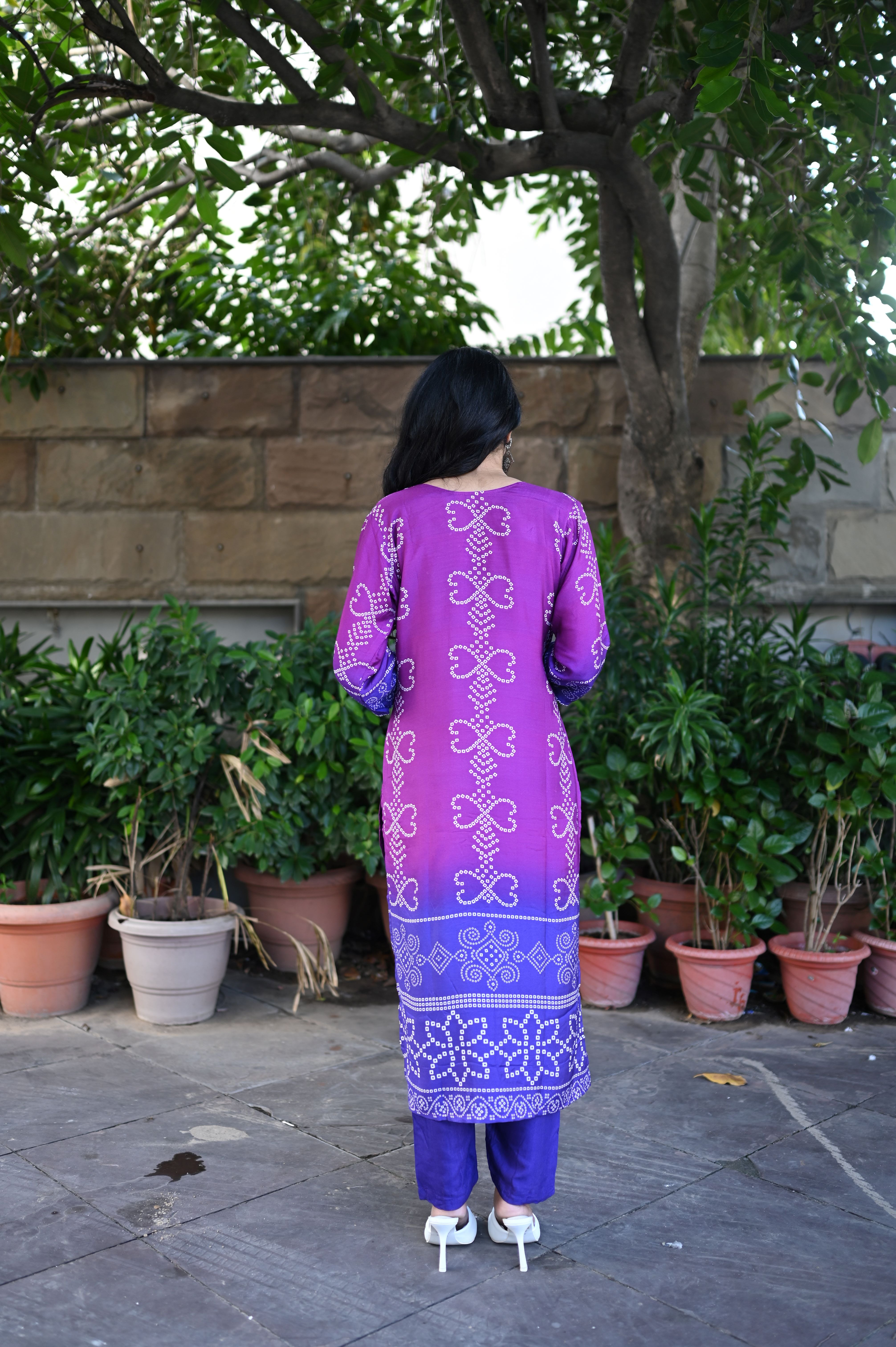 Purple Silk Bandhej Suit Set