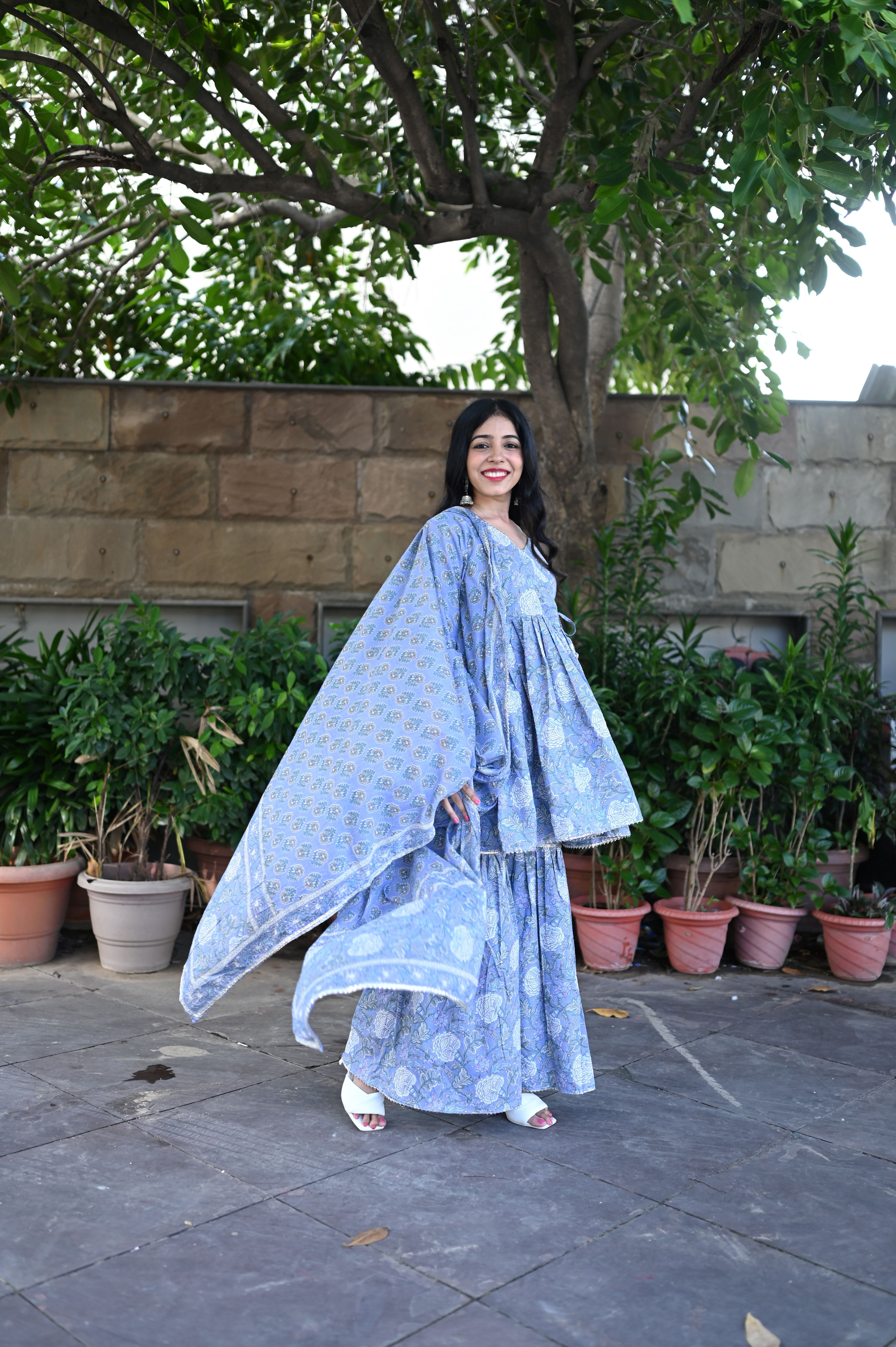 Blue Cotton Anarkali Sharara Suit