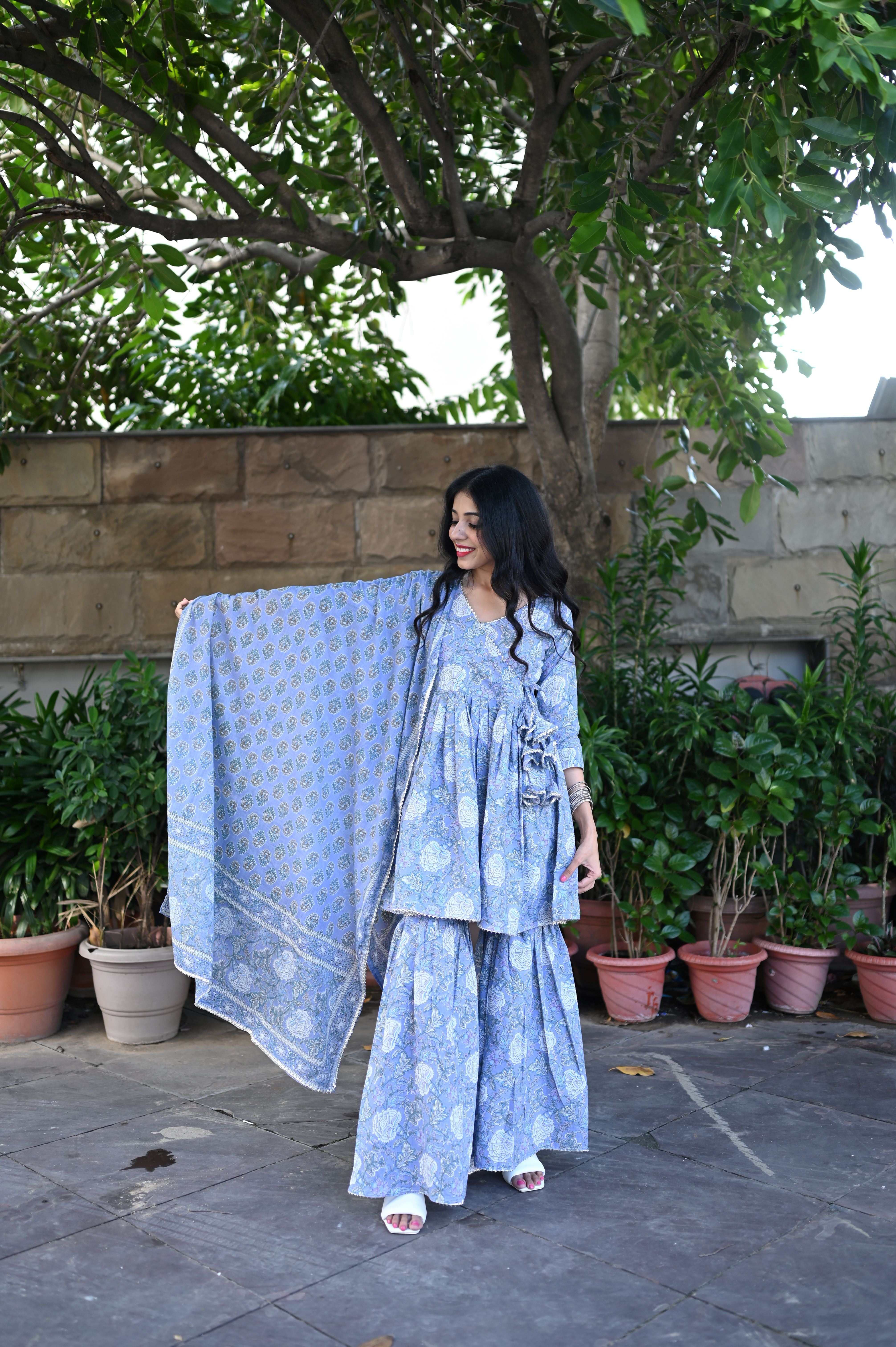 Blue Cotton Anarkali Sharara Suit