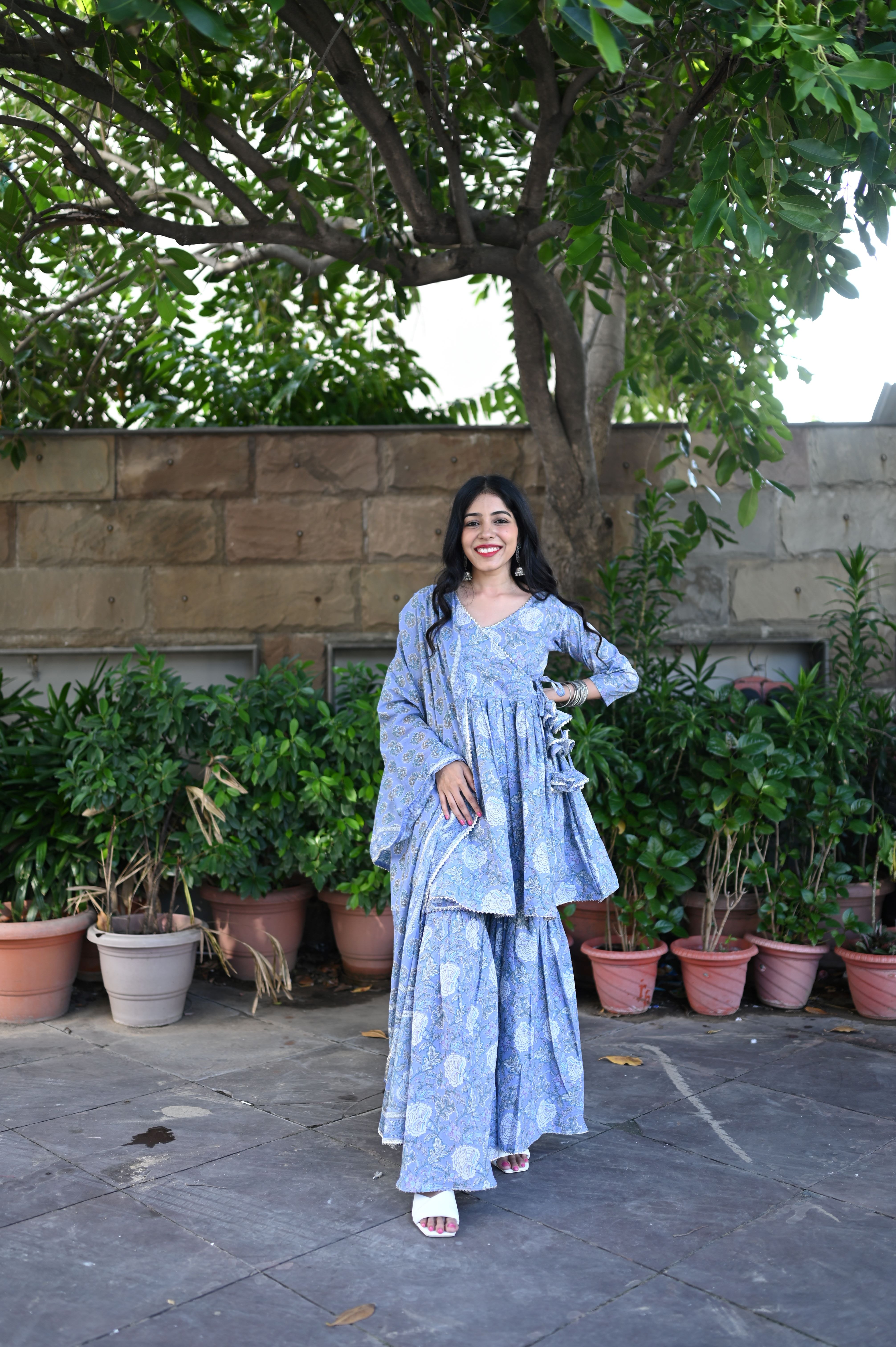 Blue Cotton Anarkali Sharara Suit