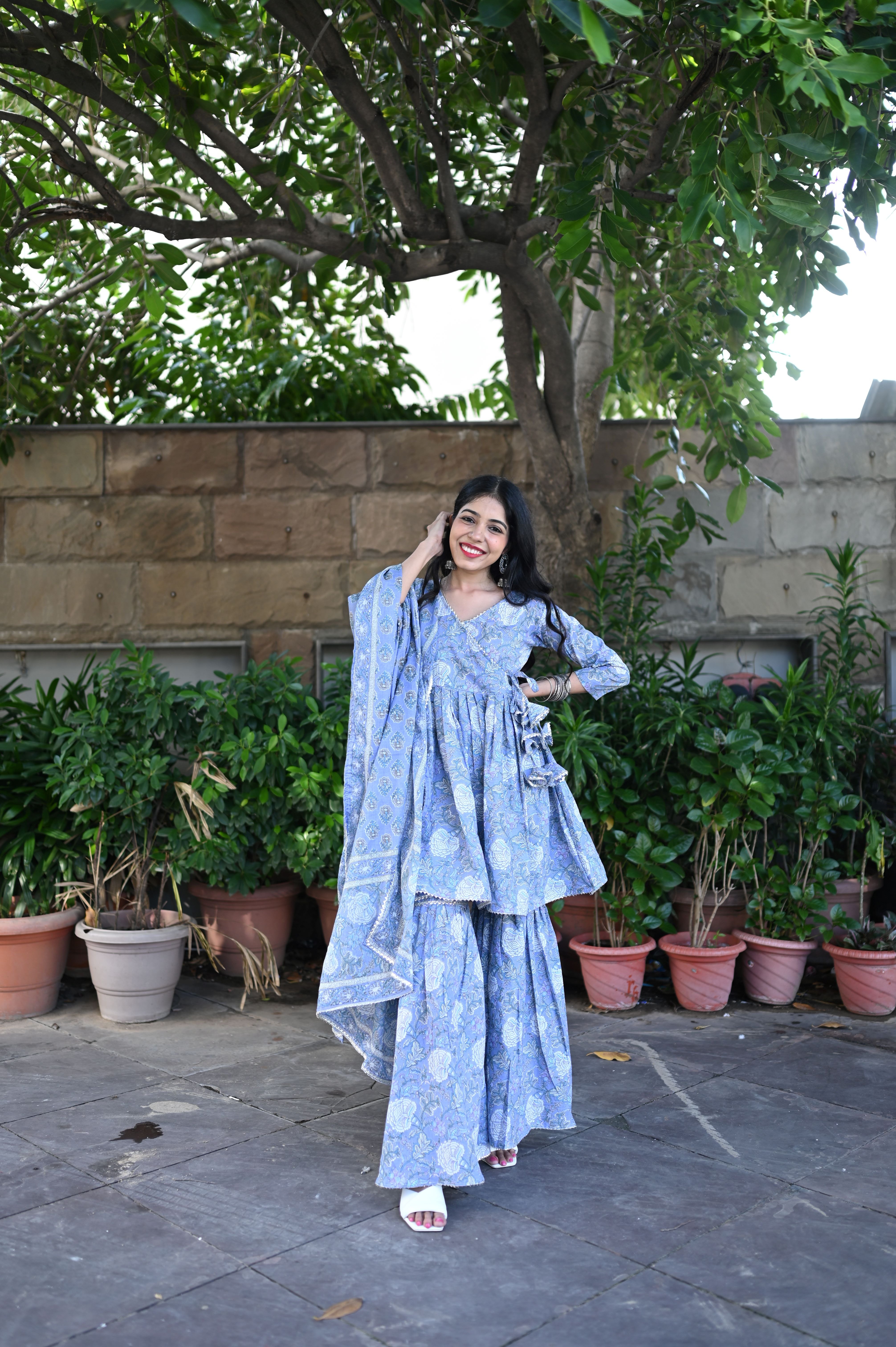 Blue Cotton Anarkali Sharara Suit