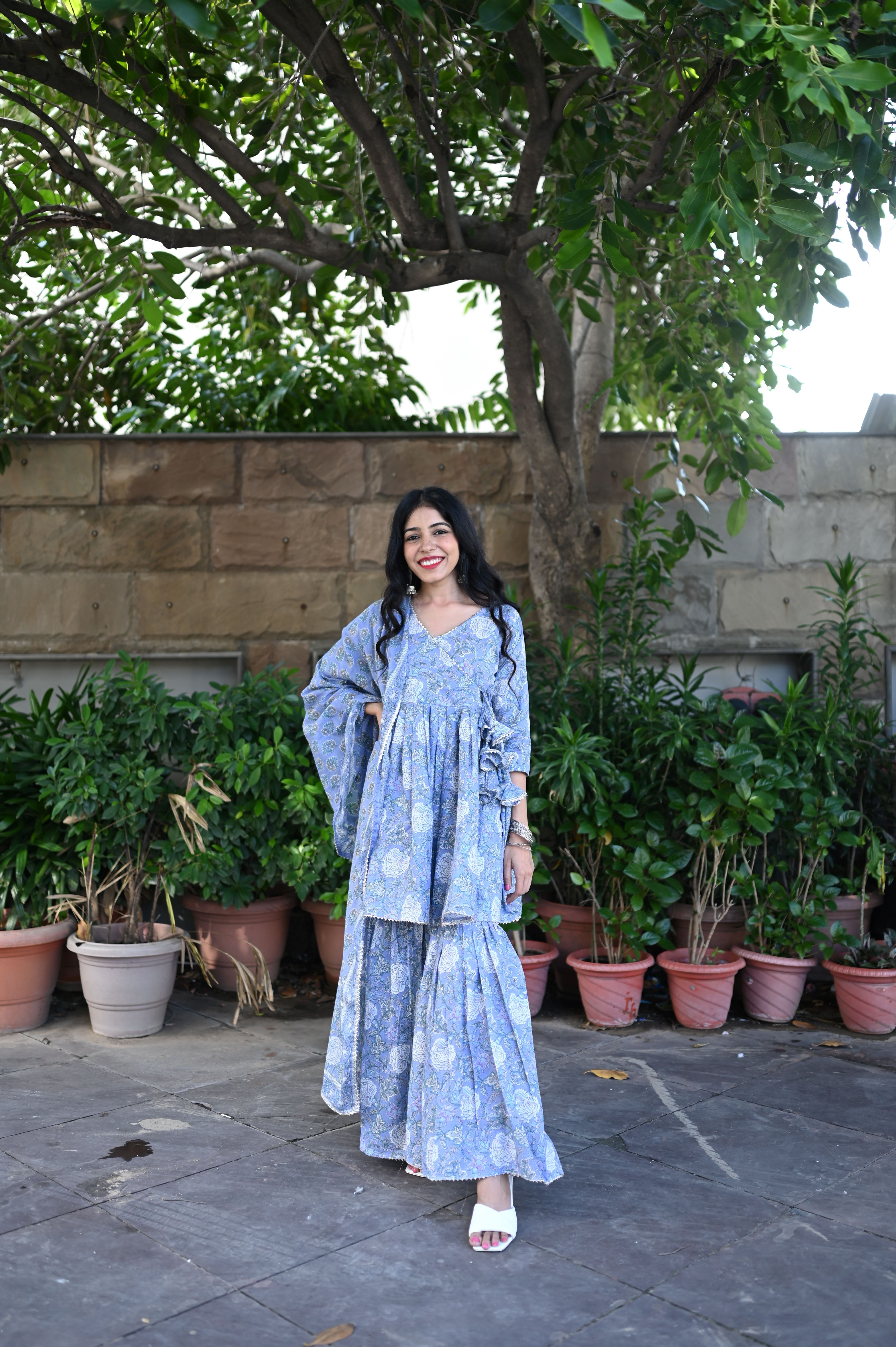 Blue Cotton Anarkali Sharara Suit