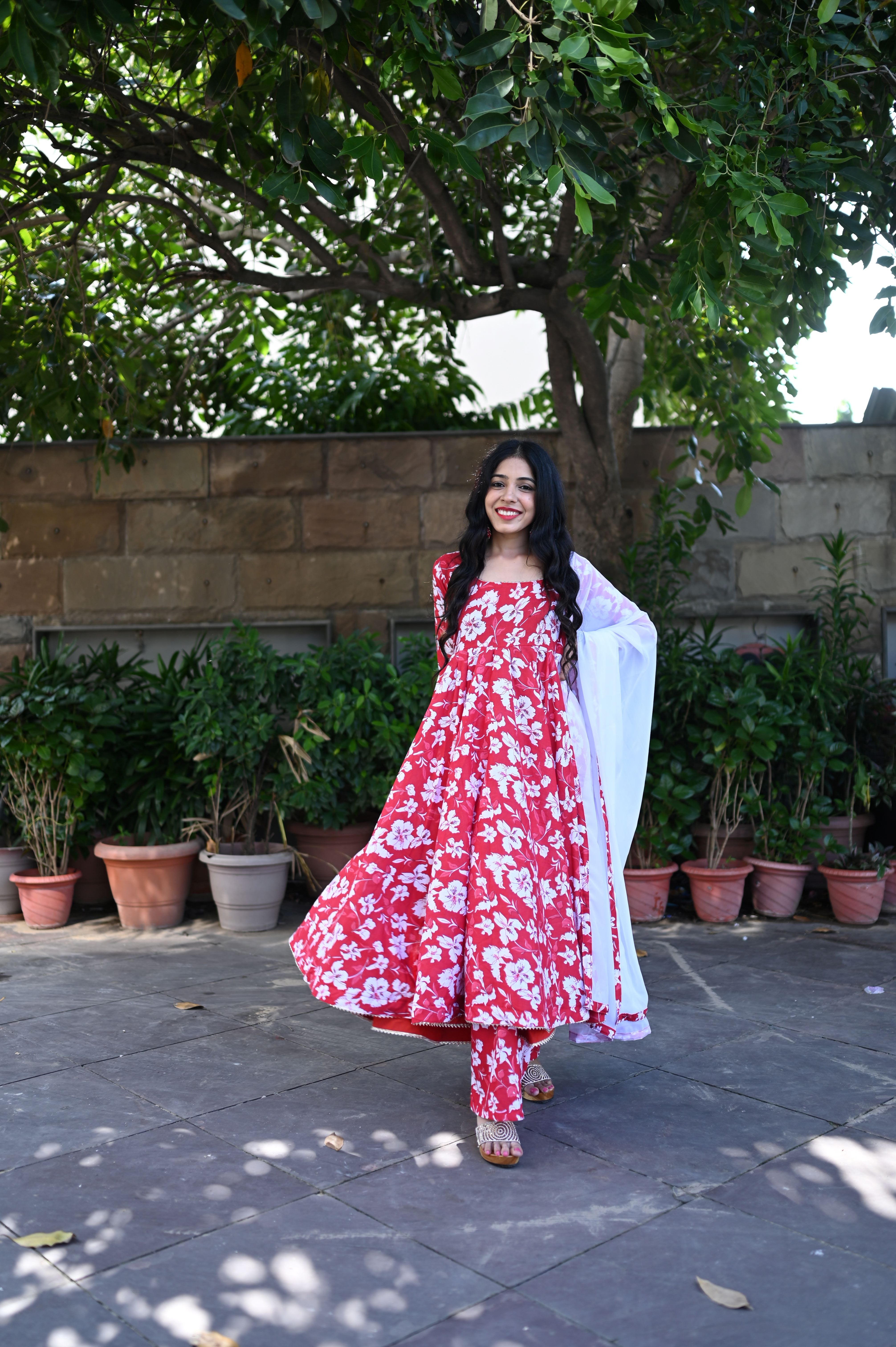 Red Cotton Anarkali Suit