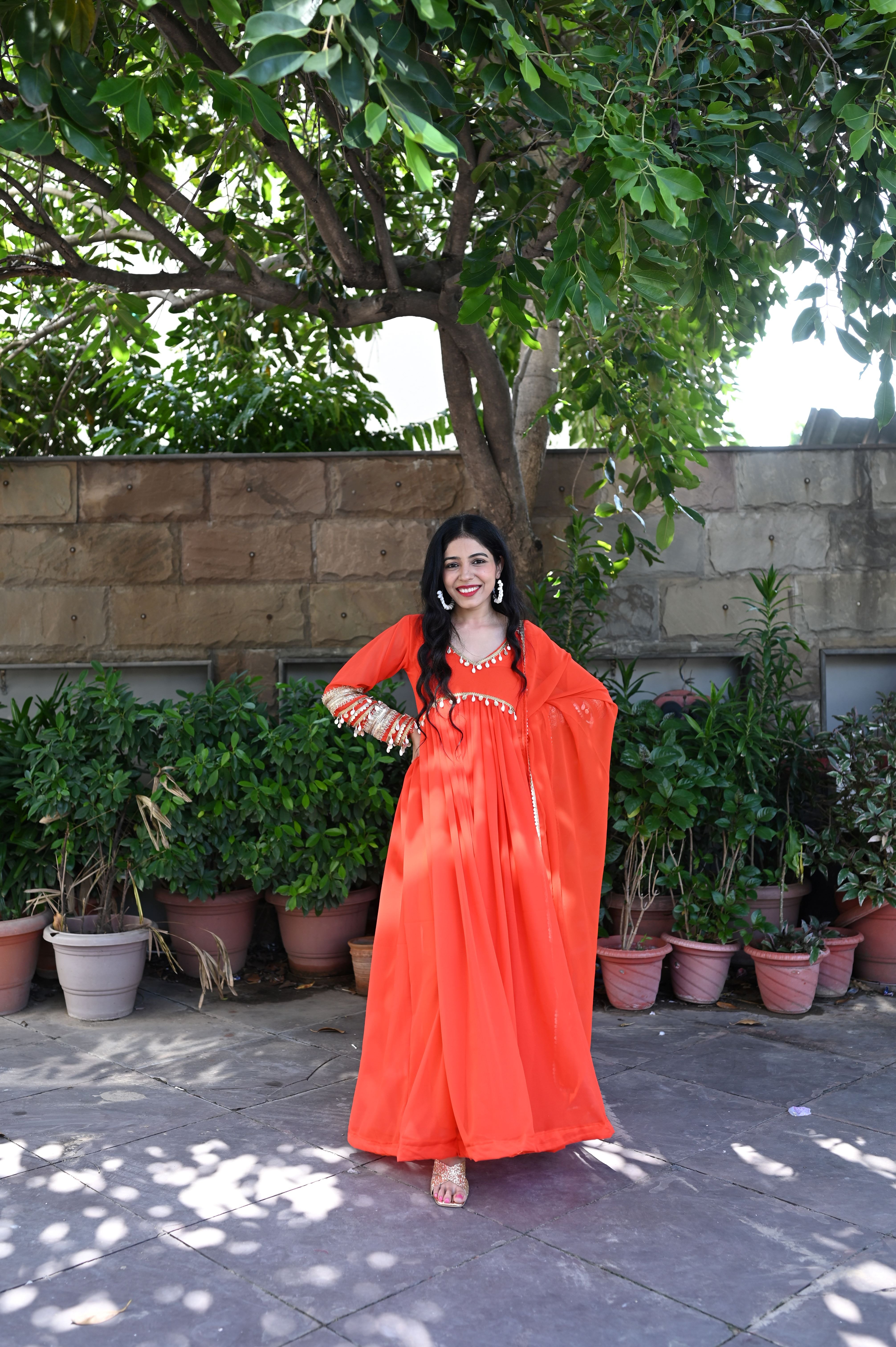 Orange Backless shell Anarkali Suit