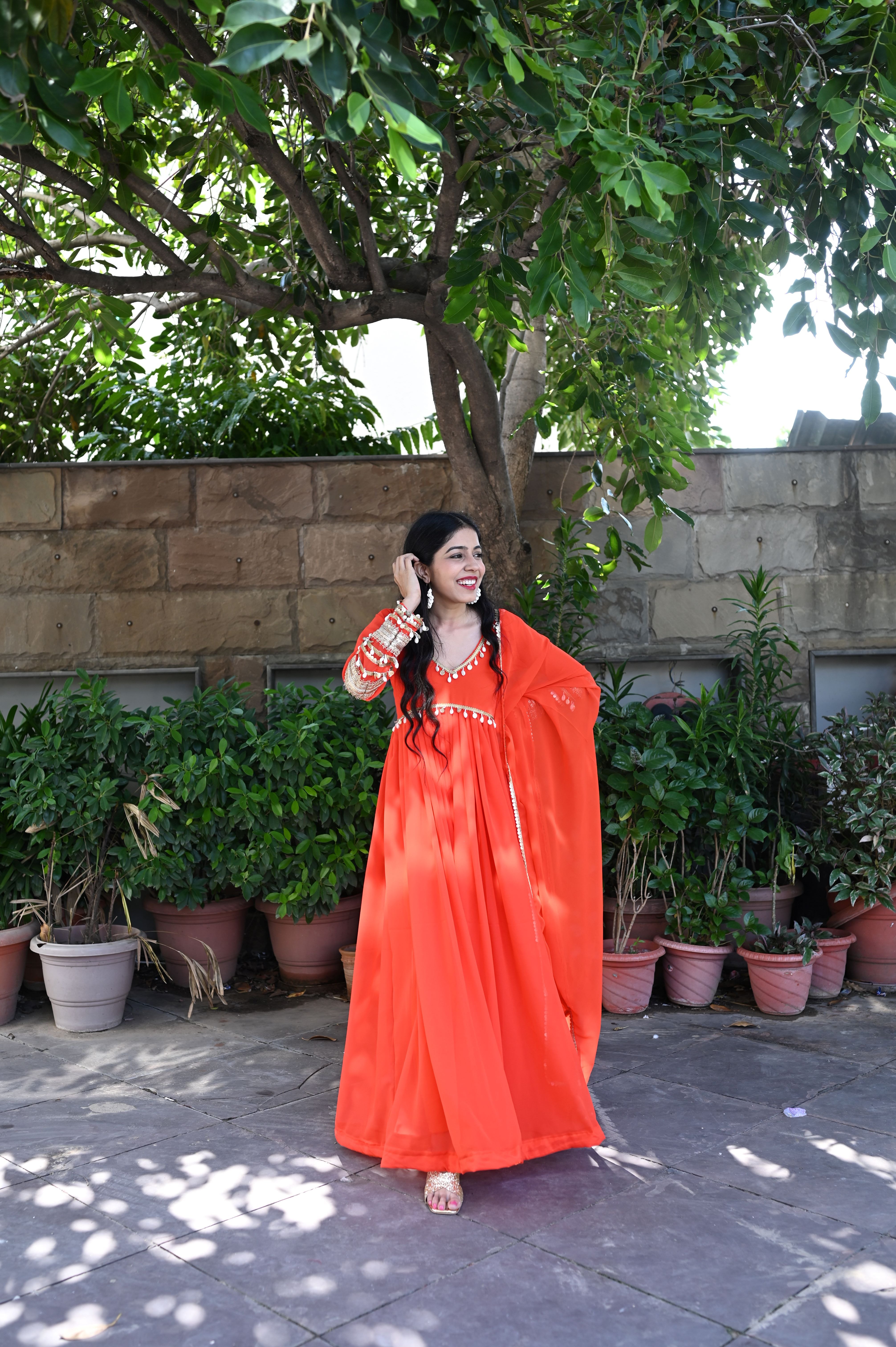 Orange Backless shell Anarkali Suit