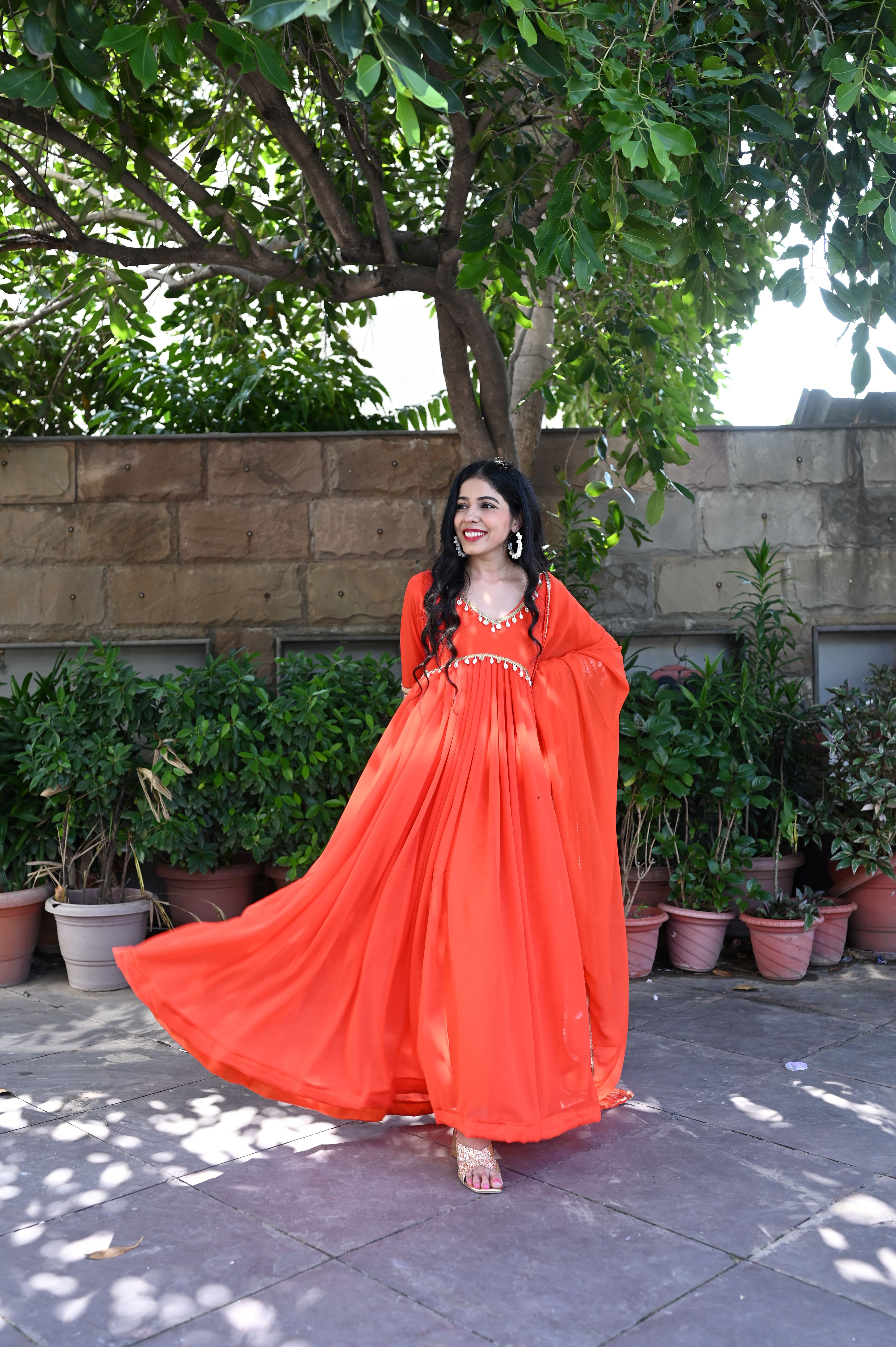 Orange Backless shell Anarkali Suit