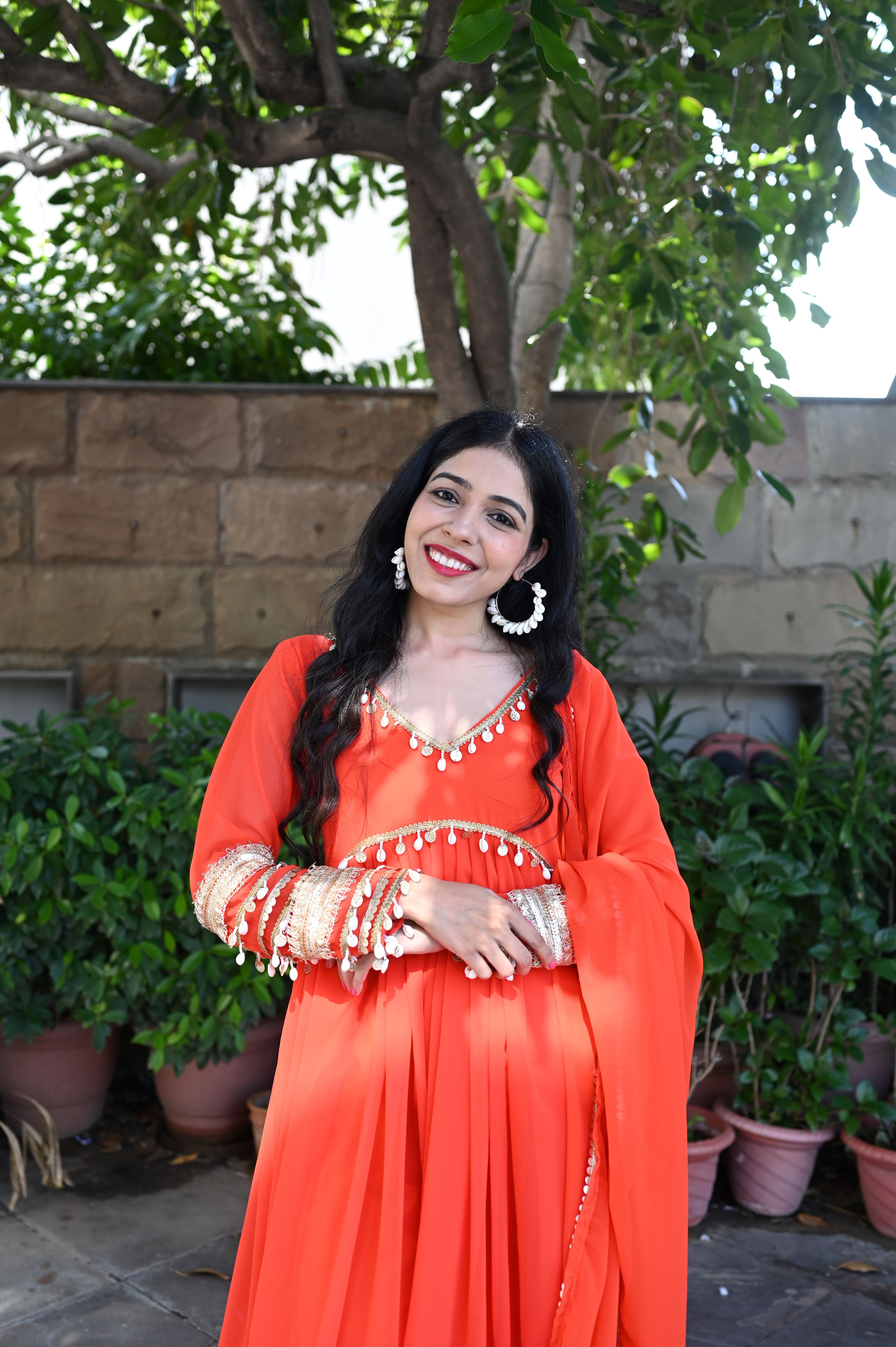 Orange Backless shell Anarkali Suit