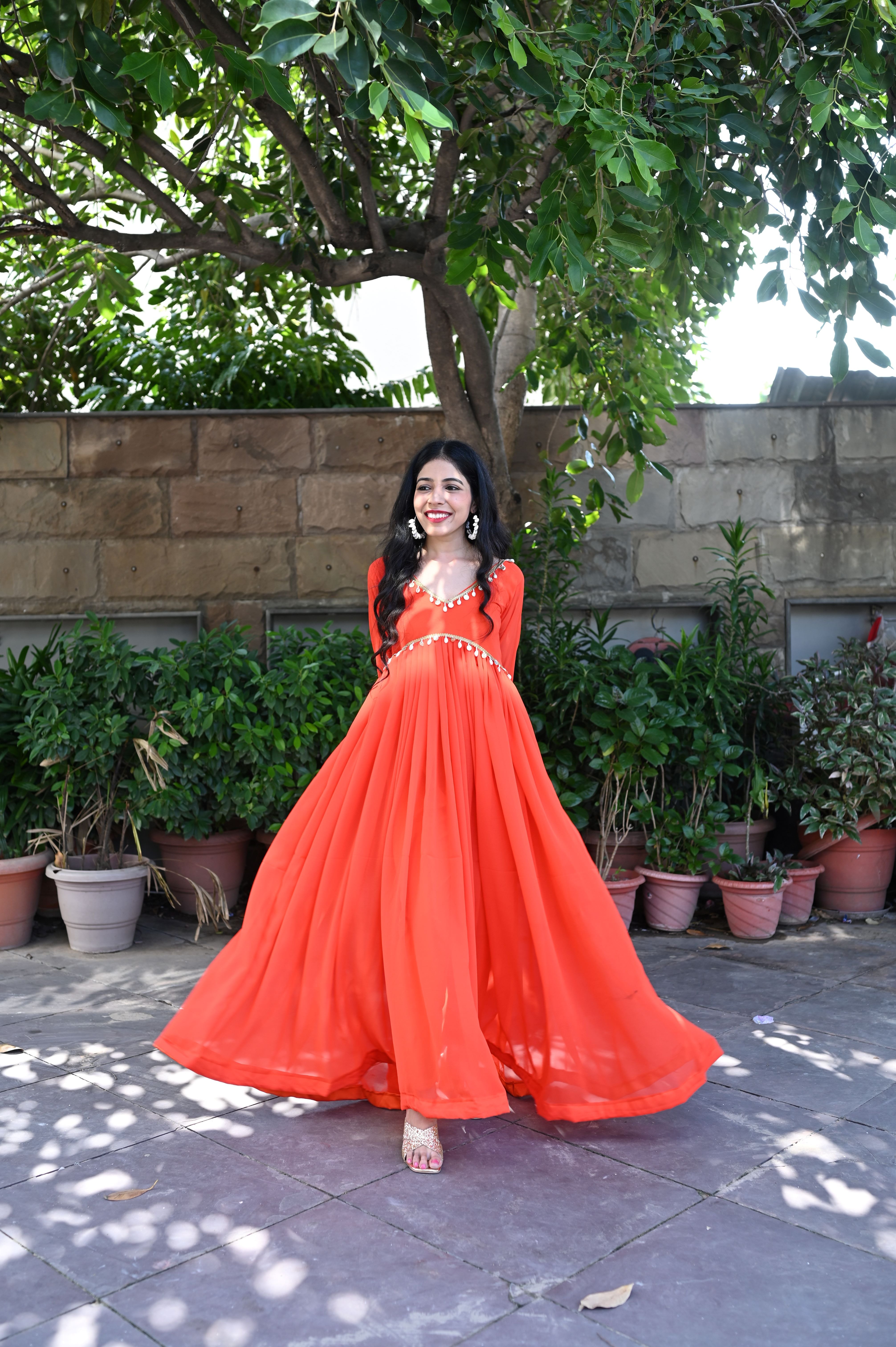 Orange Backless shell Anarkali Suit