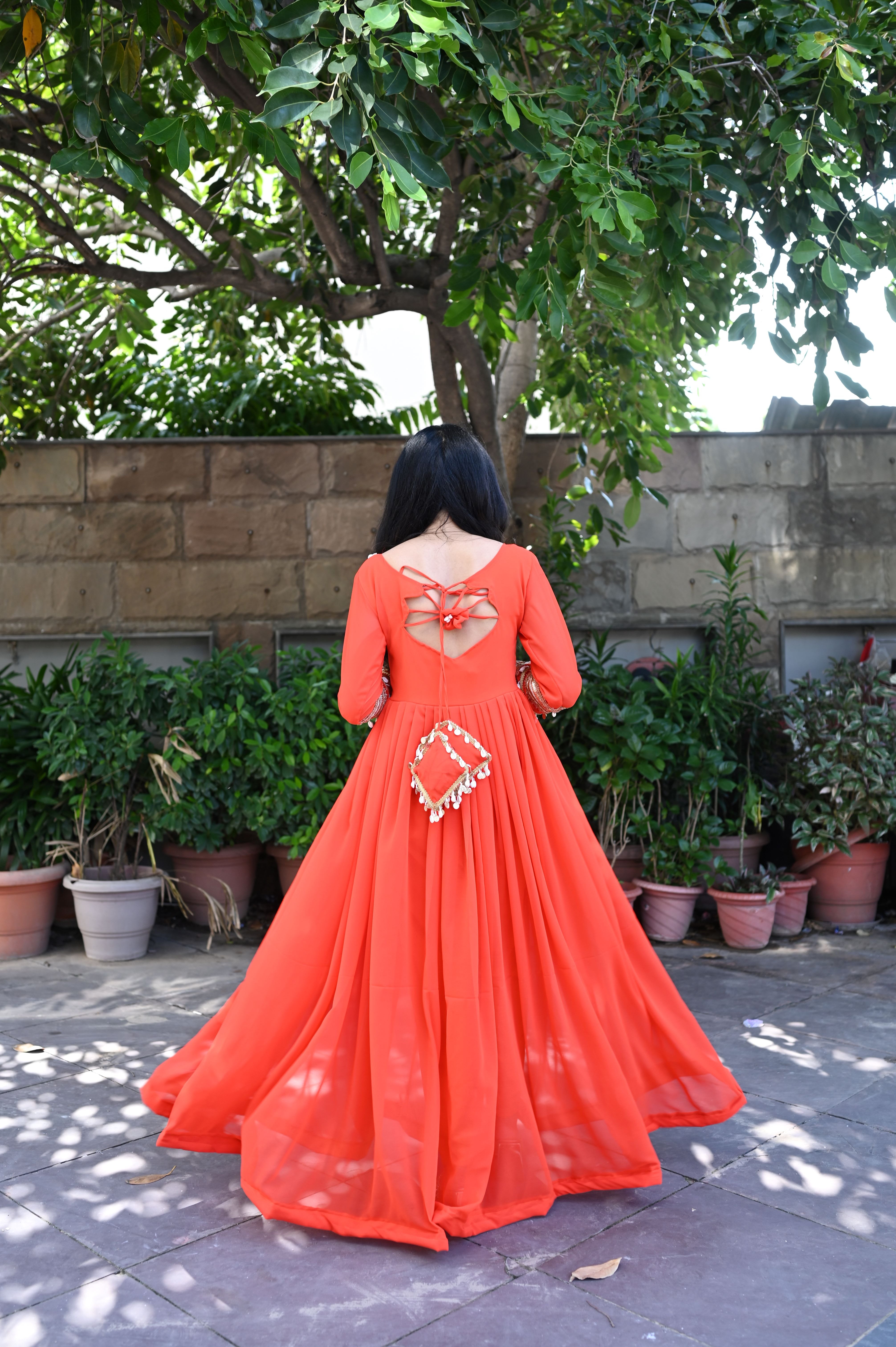 Orange Backless shell Anarkali Suit