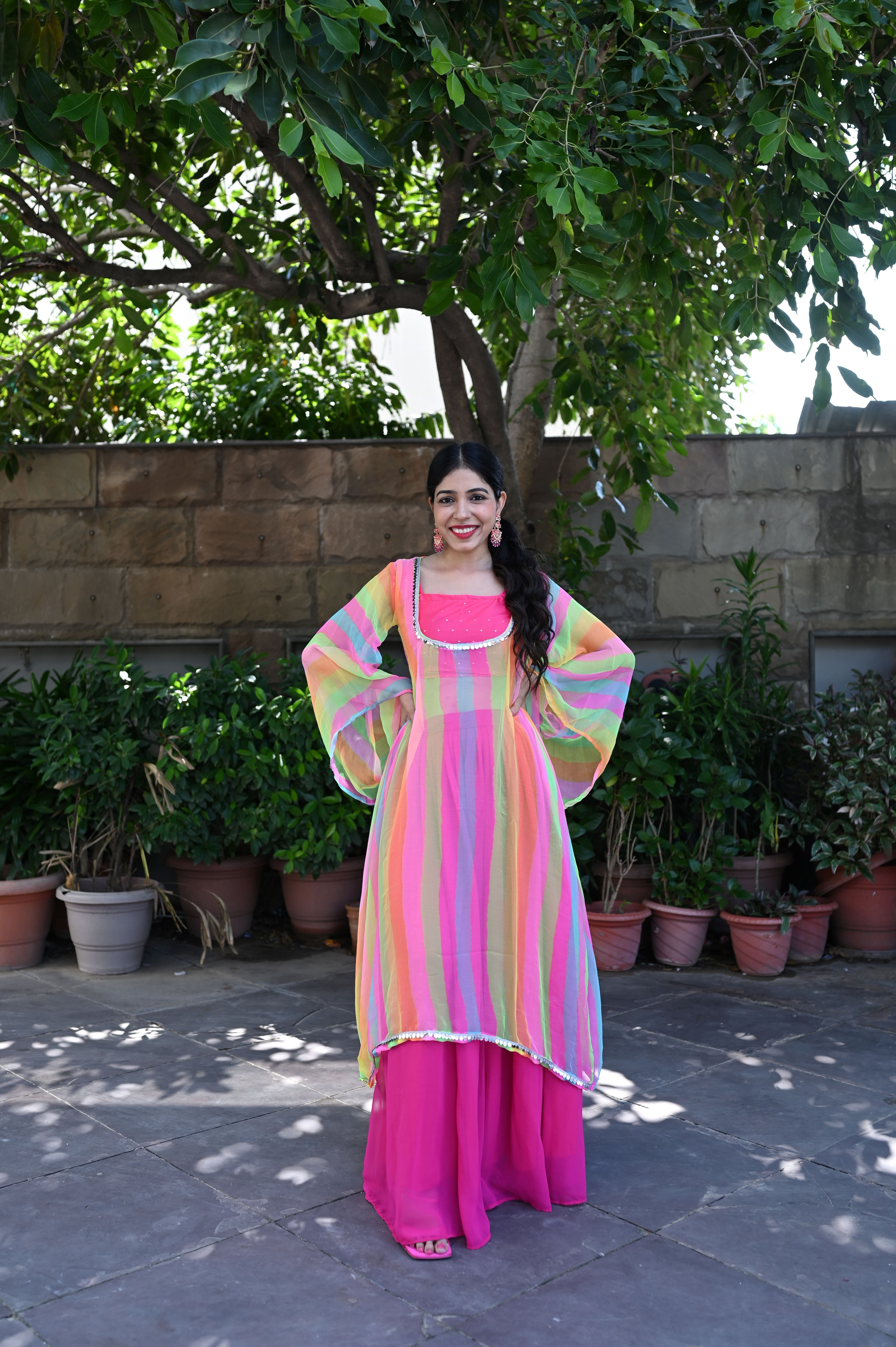 Multicolor Leheriya Kaftan Skirt Set