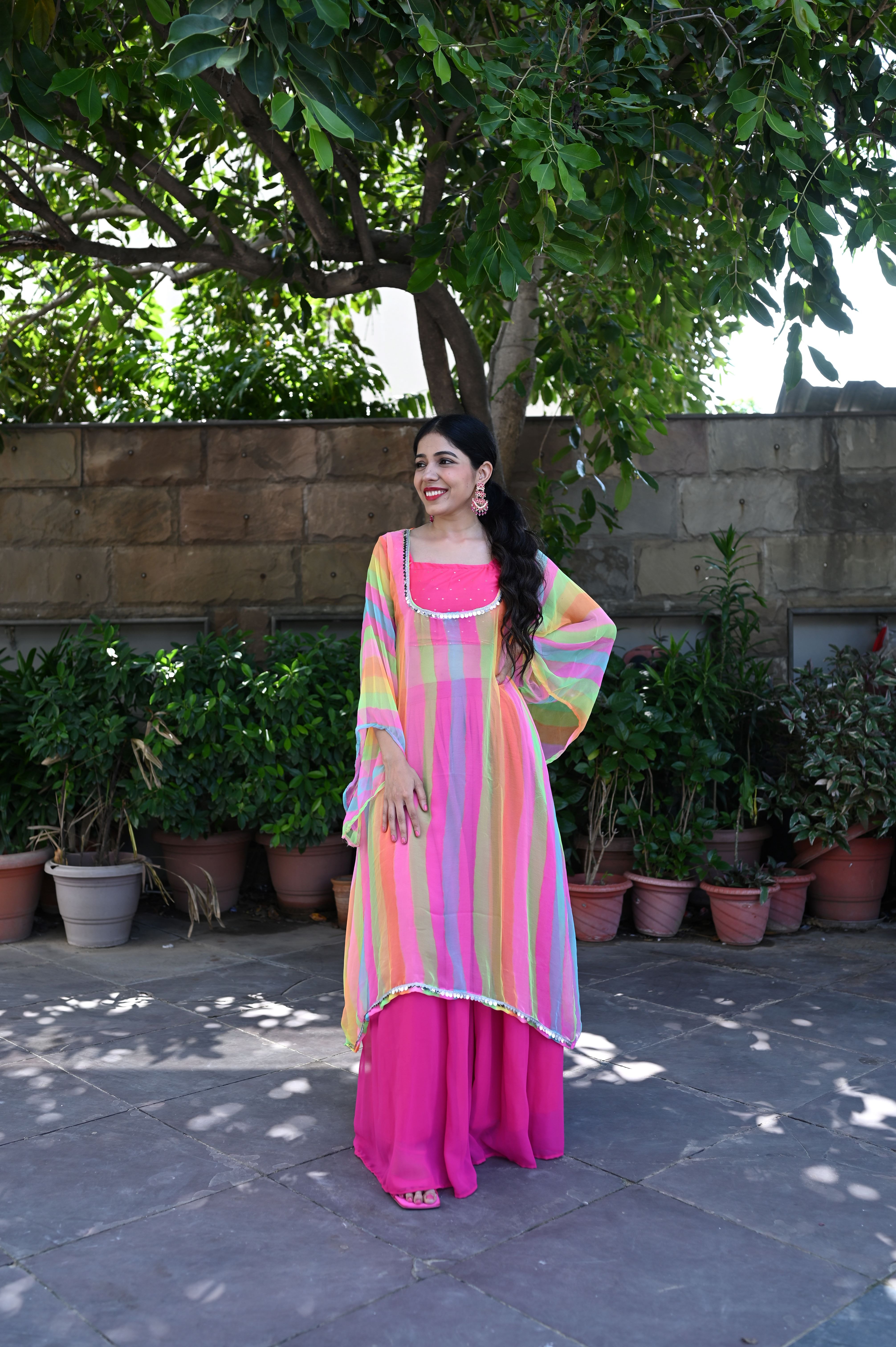 Multicolor Leheriya Kaftan Skirt Set