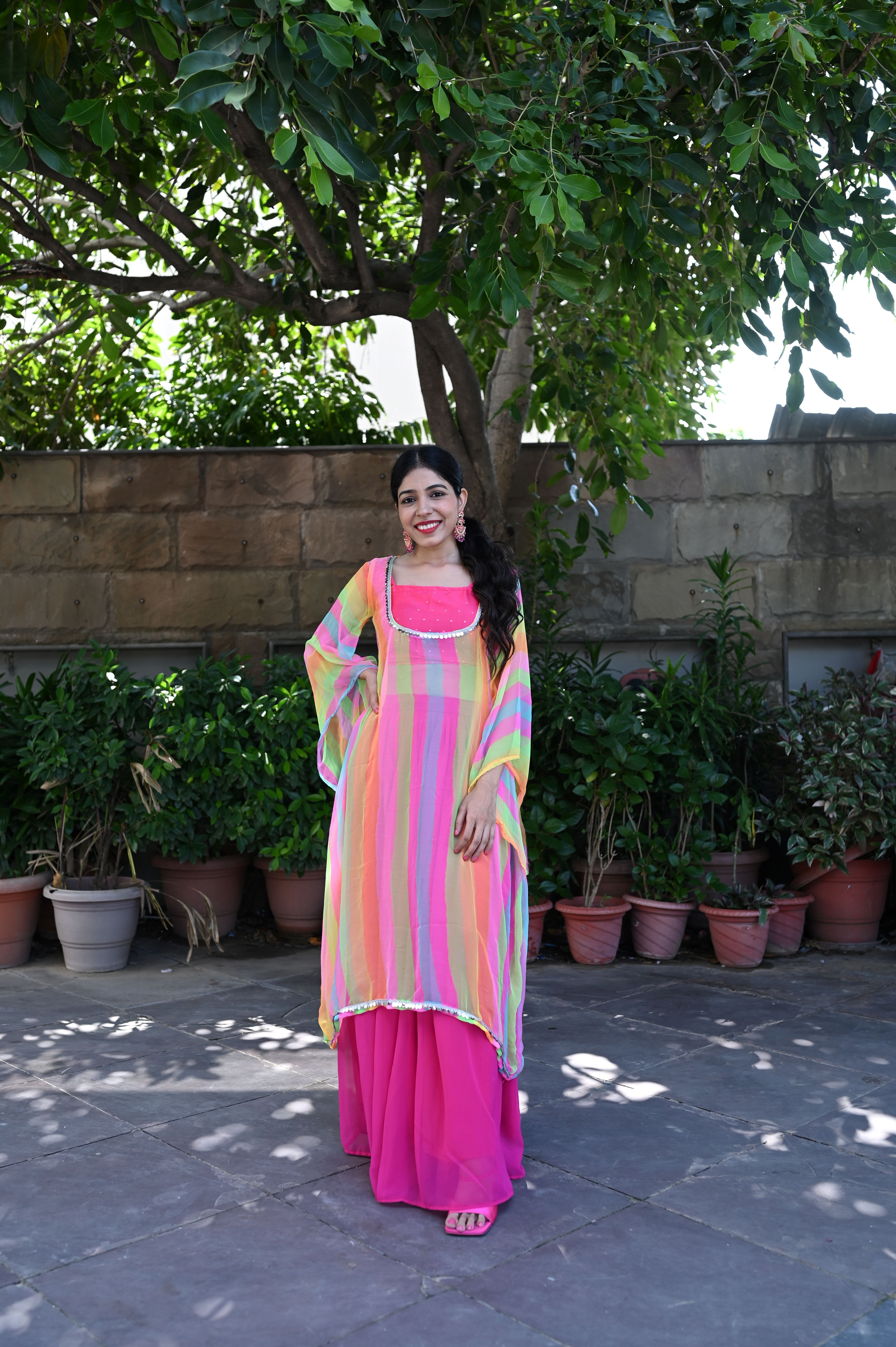 Multicolor Leheriya Kaftan Skirt Set