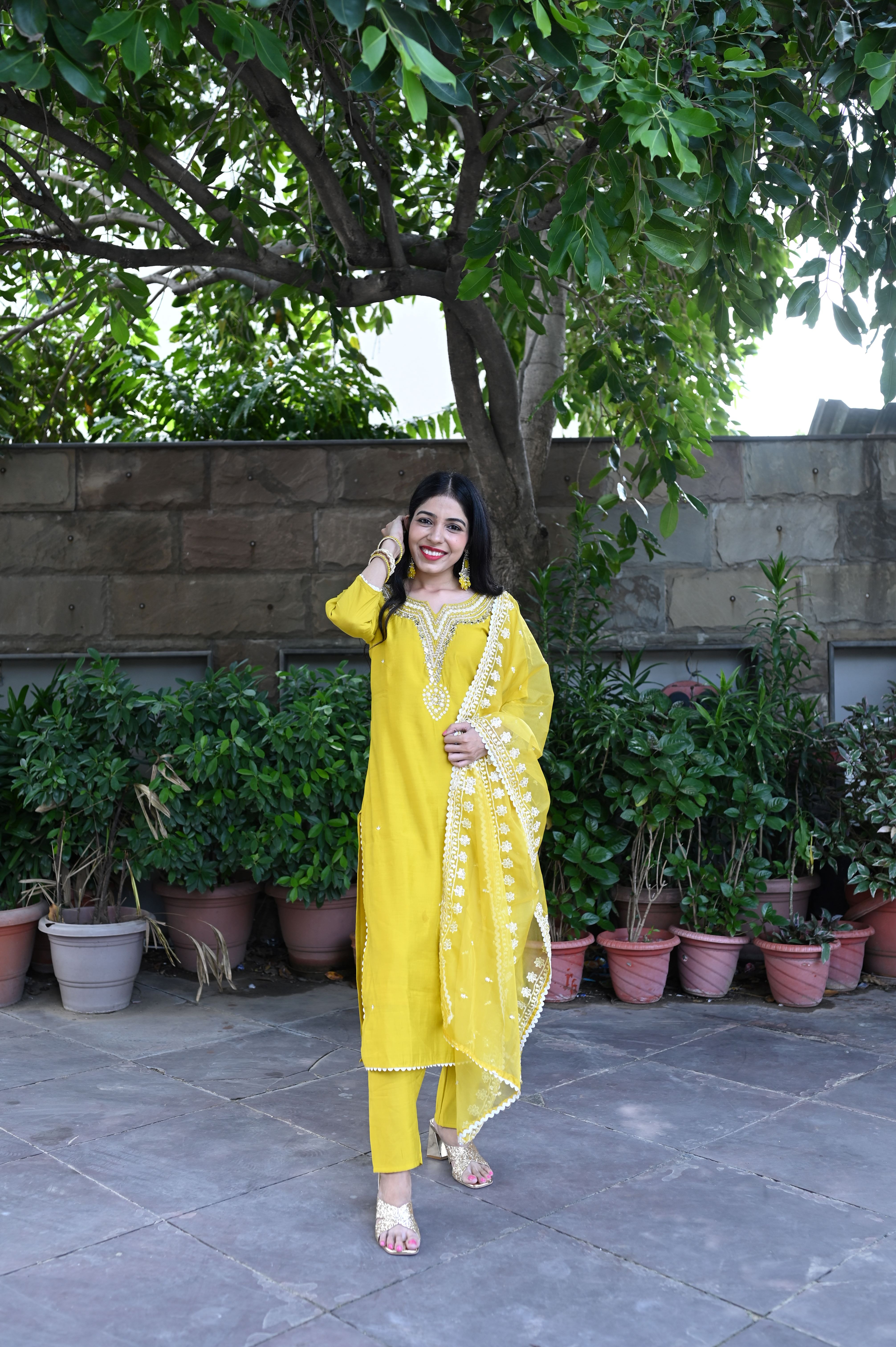 Yellow Silk Mirror Embroidered Suit