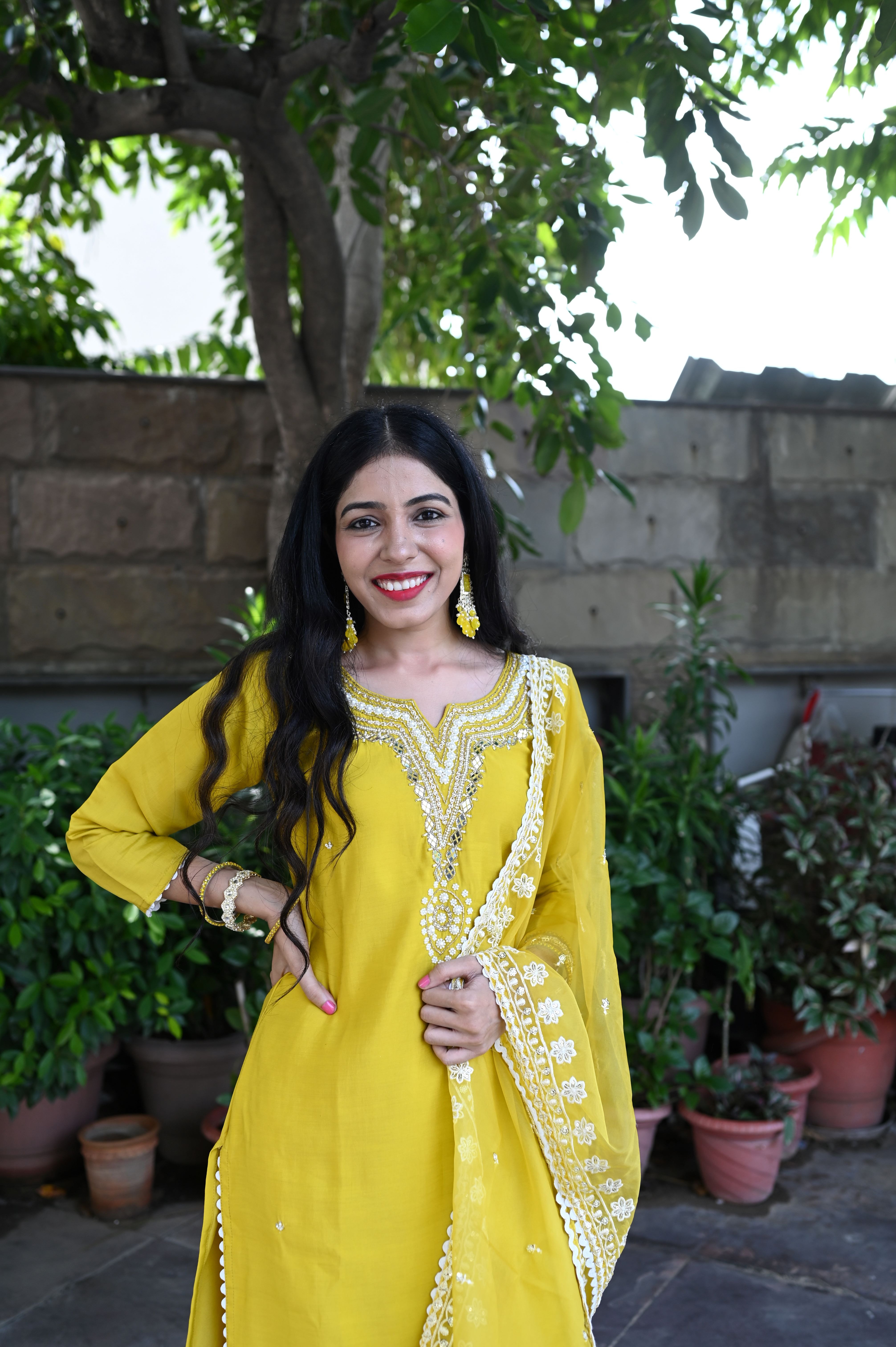 Yellow Silk Mirror Embroidered Suit