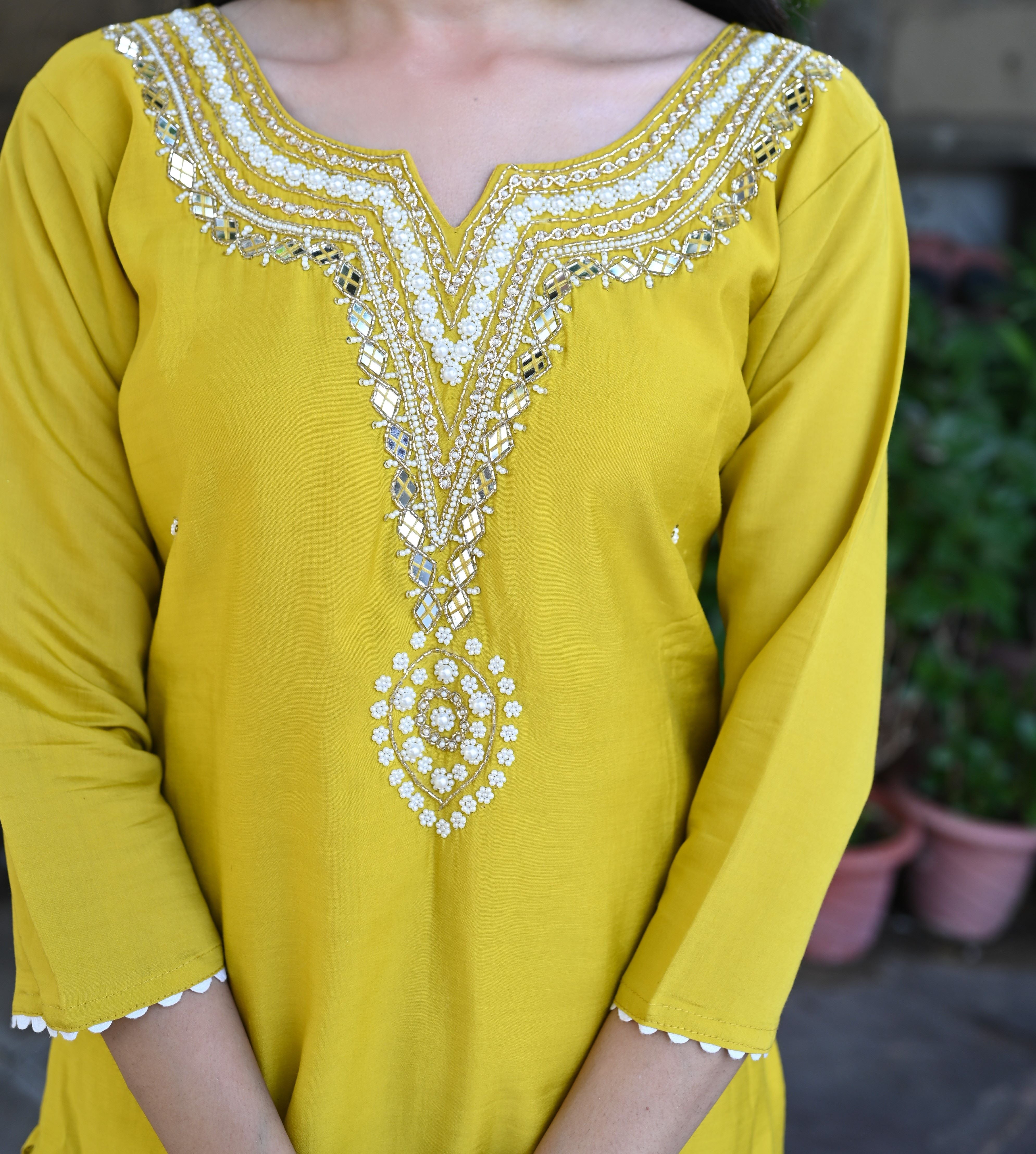 Yellow Silk Mirror Embroidered Suit