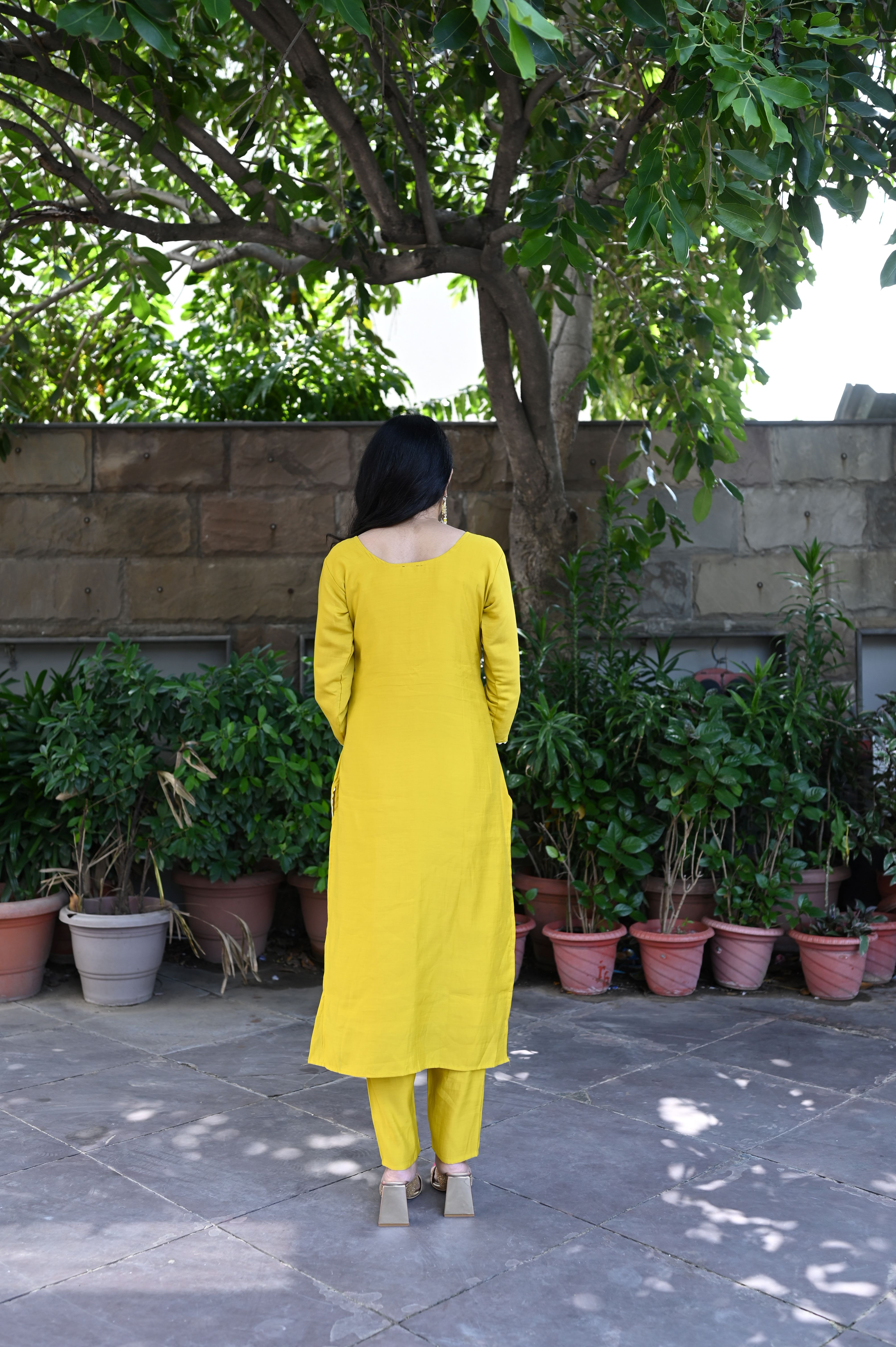 Yellow Silk Mirror Embroidered Suit