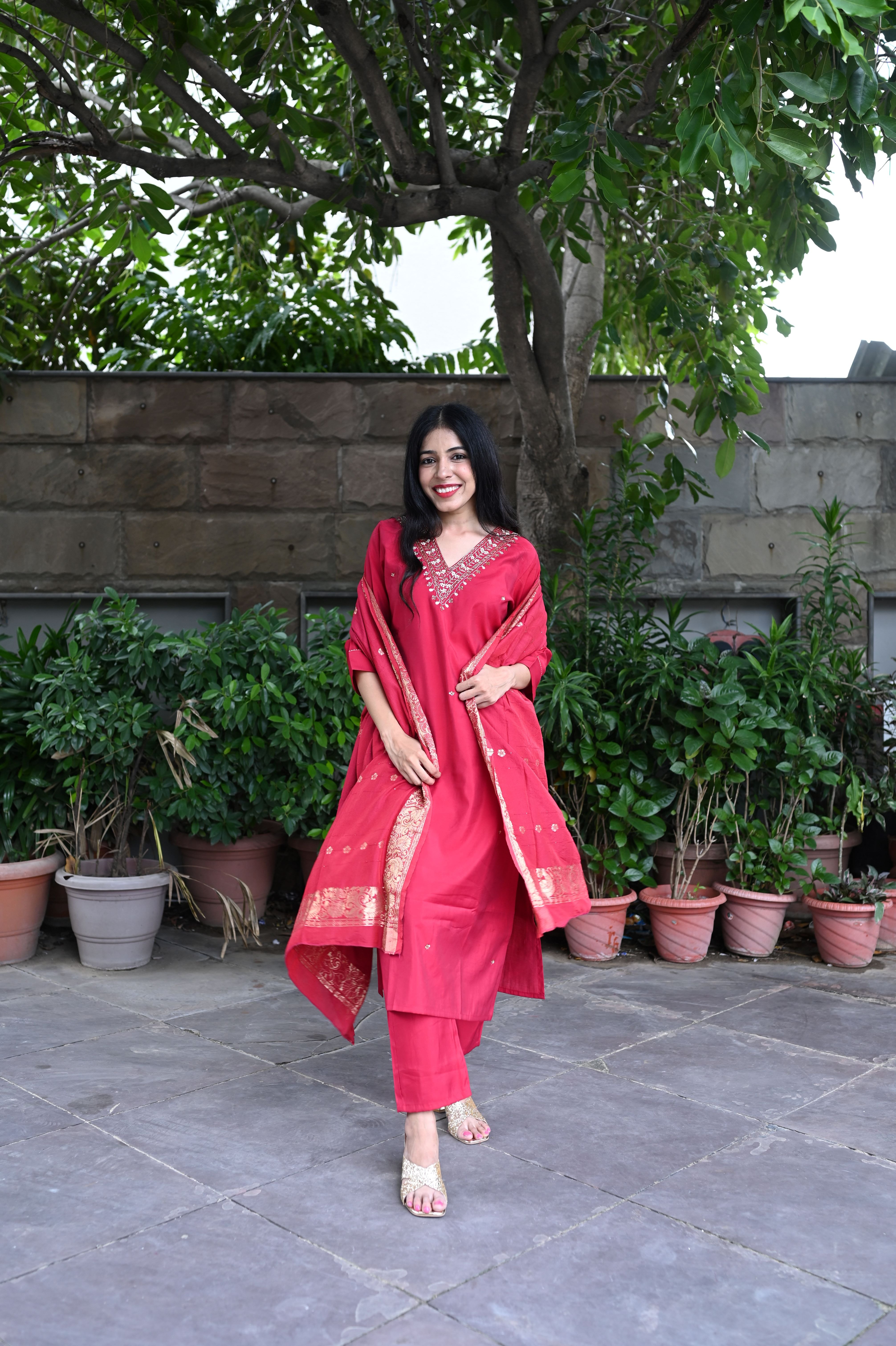 Red Silk Suit Set