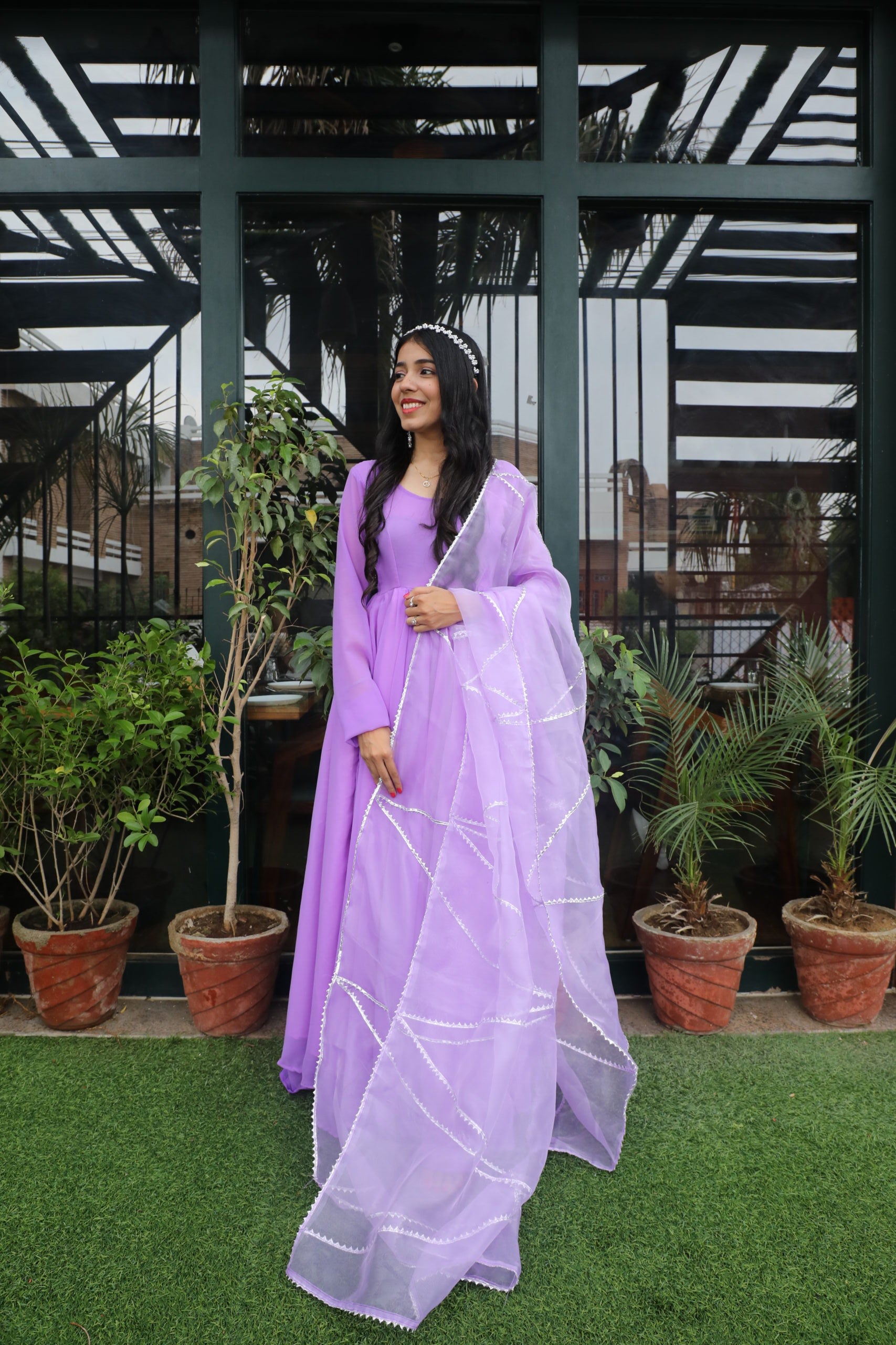 Lavender Georgette Gown with organza dupatta