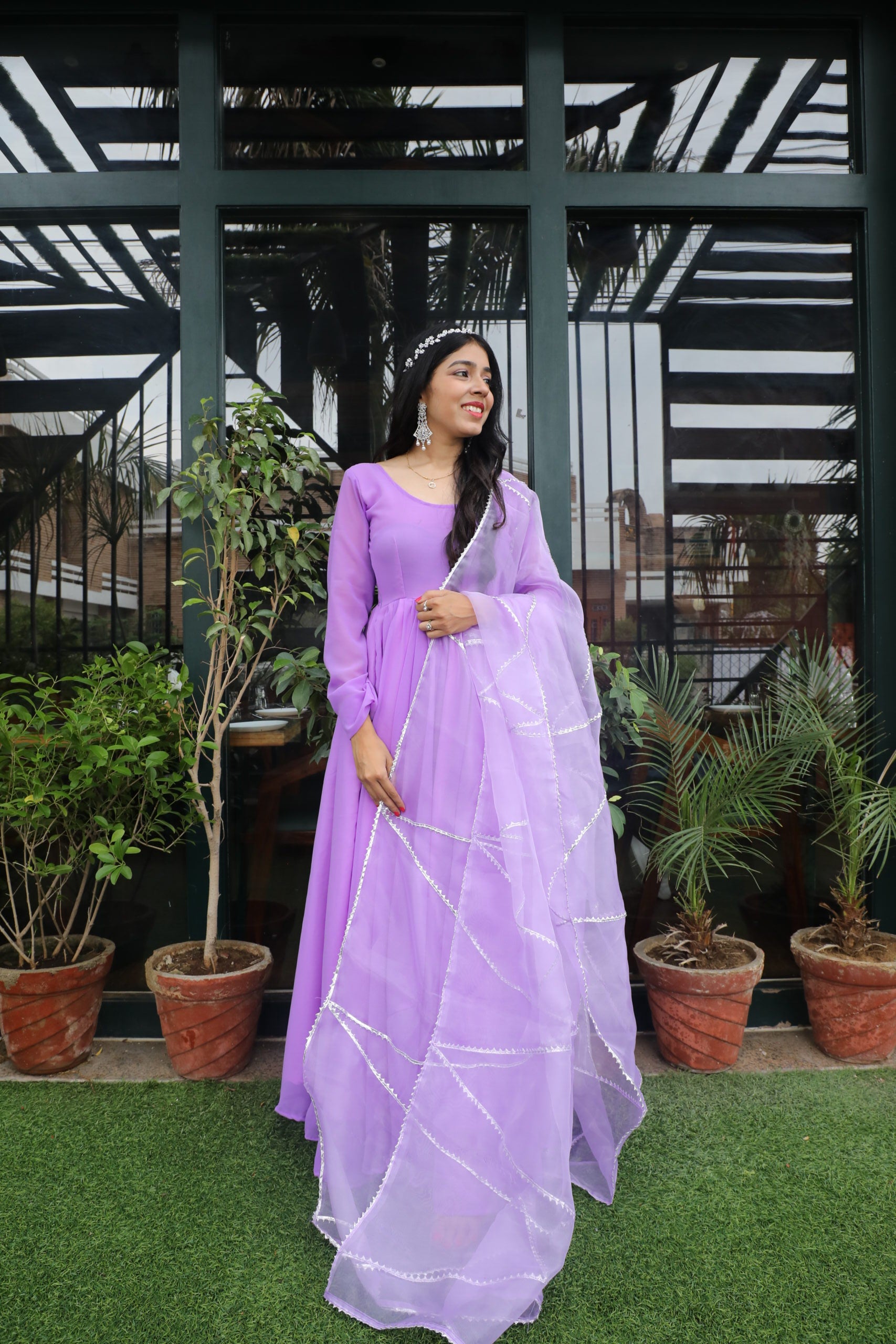 Lavender Georgette Gown with organza dupatta