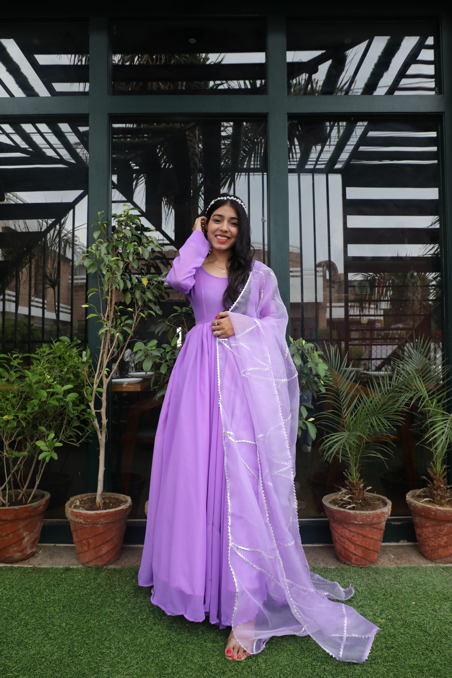 Lavender Georgette Gown with organza dupatta