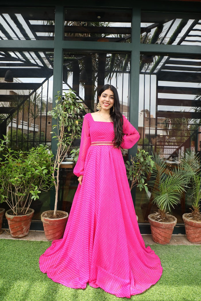 Pink Designer Leheriya Gown with belt