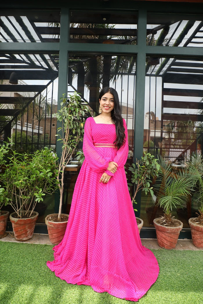 Pink Designer Leheriya Gown with belt