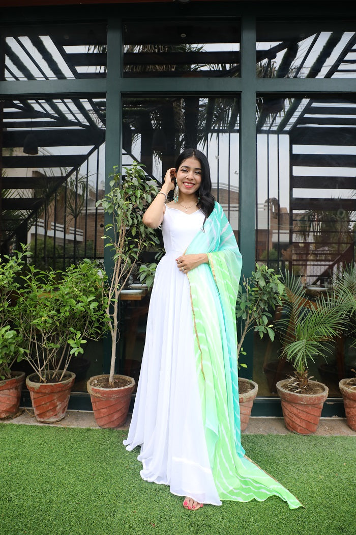 Pearl White Backless Leheriya Anarkali Gown