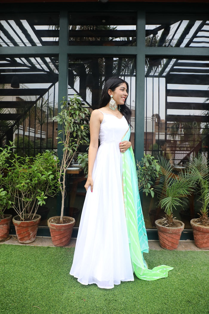 Pearl White Backless Leheriya Anarkali Gown