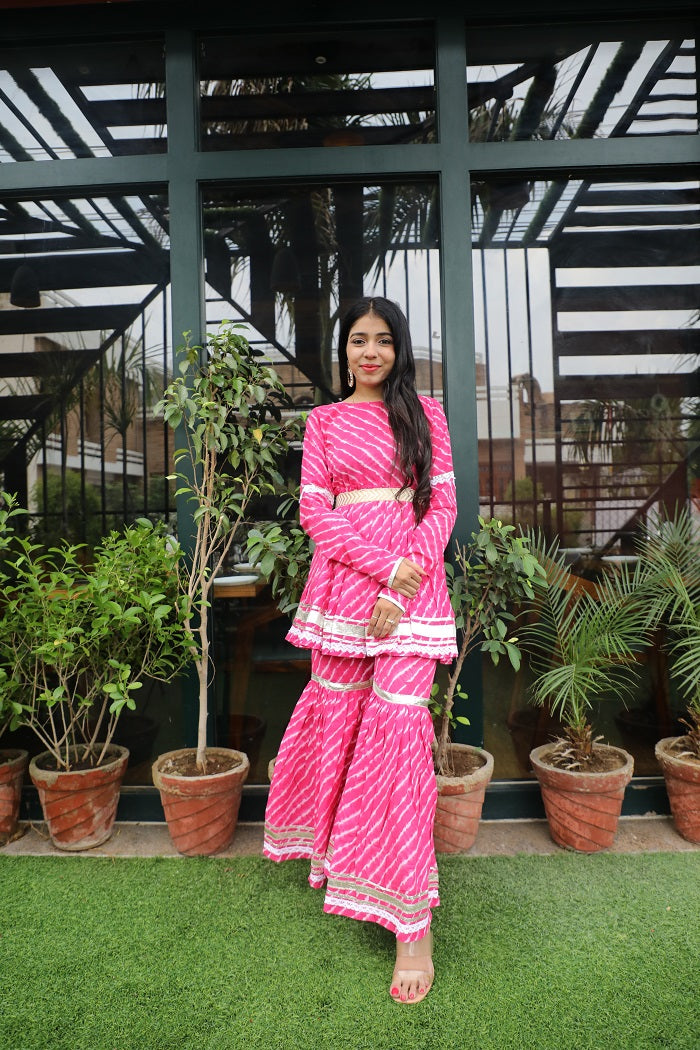 Pink Leheriya heavy Gota work Sharara Set with belt