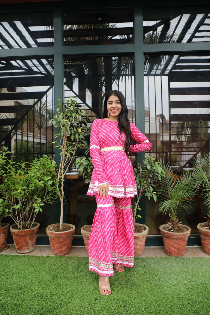 Pink Leheriya heavy Gota work Sharara Set with belt