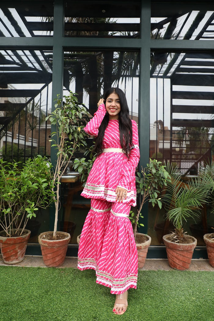 Pink Leheriya heavy Gota work Sharara Set with belt