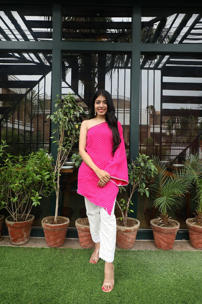 Hot Pink Leheriya one shoulder Tunic Set