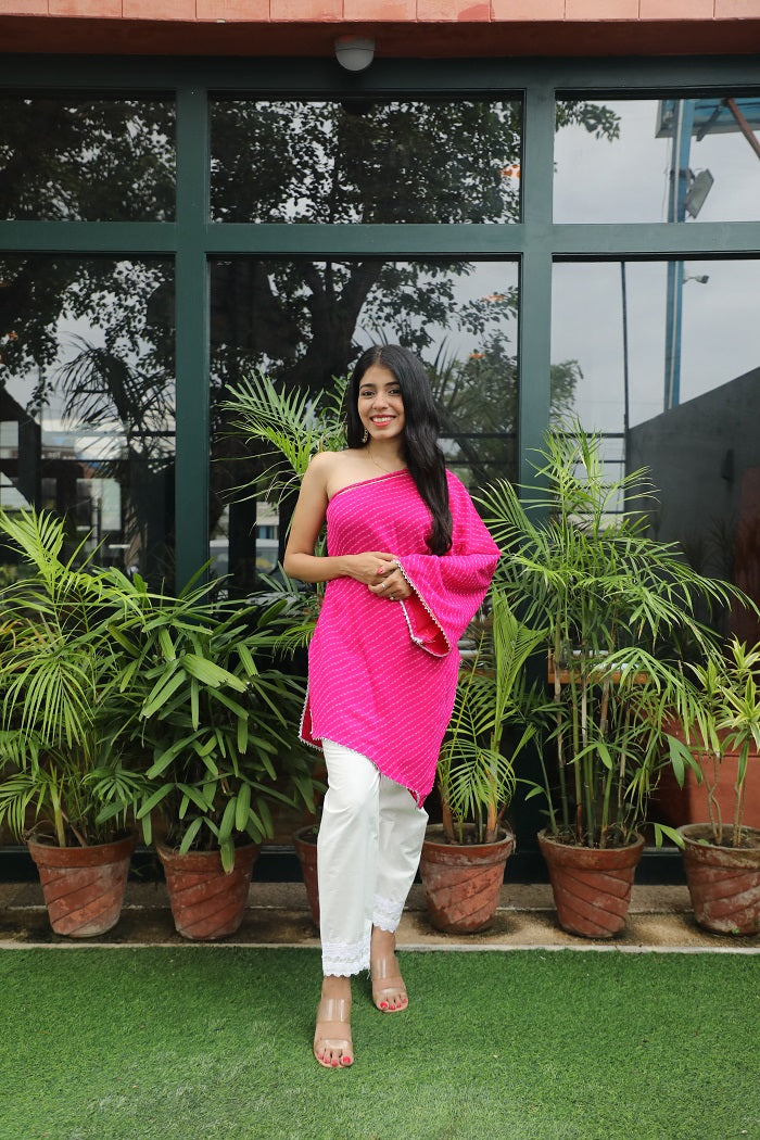 Hot Pink Leheriya one shoulder Tunic Set