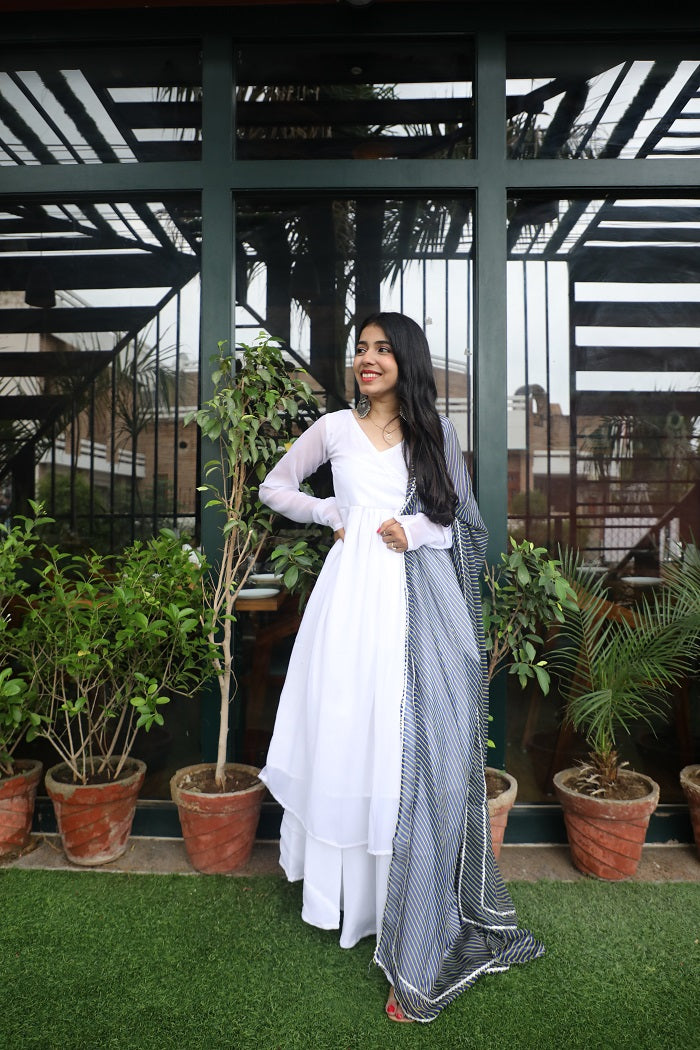 White georgette Angrakha Set with leheriya dupatta