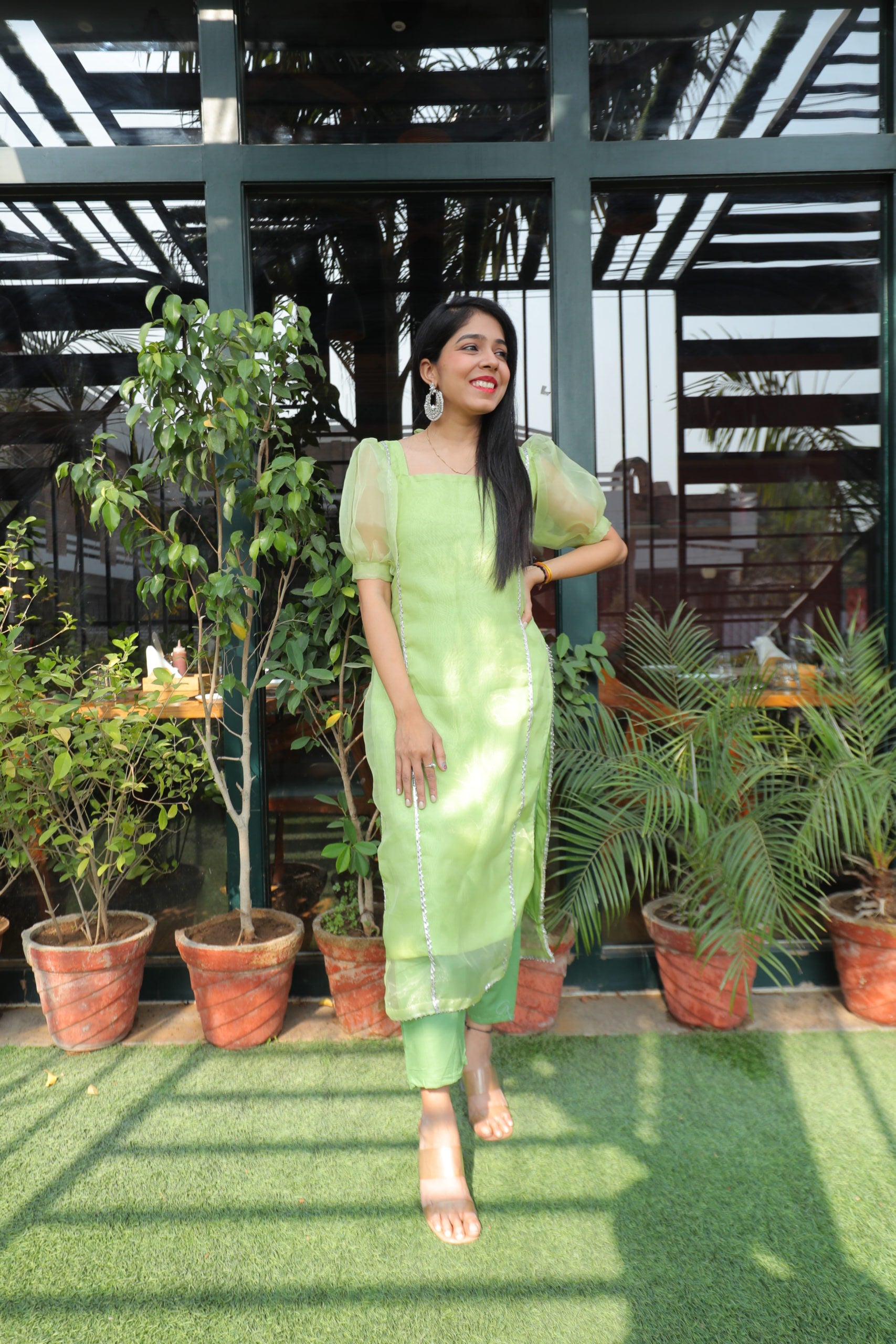 Green Organza Kurta Bottom Set