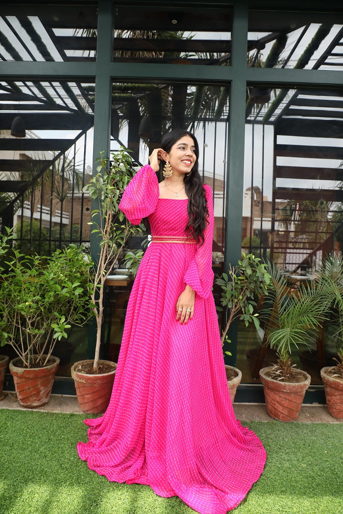 Pink Designer Leheriya Gown with belt