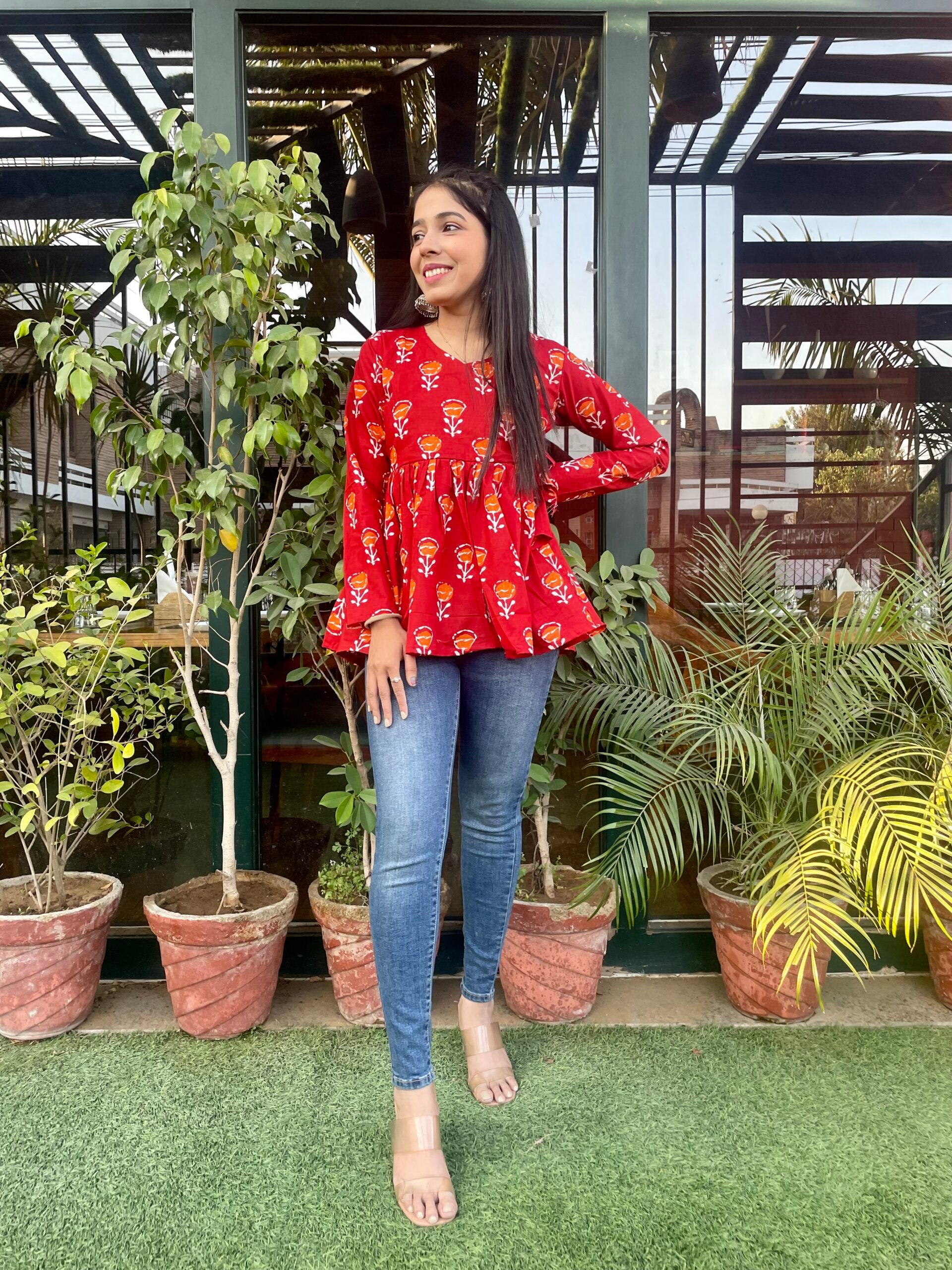 Red Floral Handblock Top