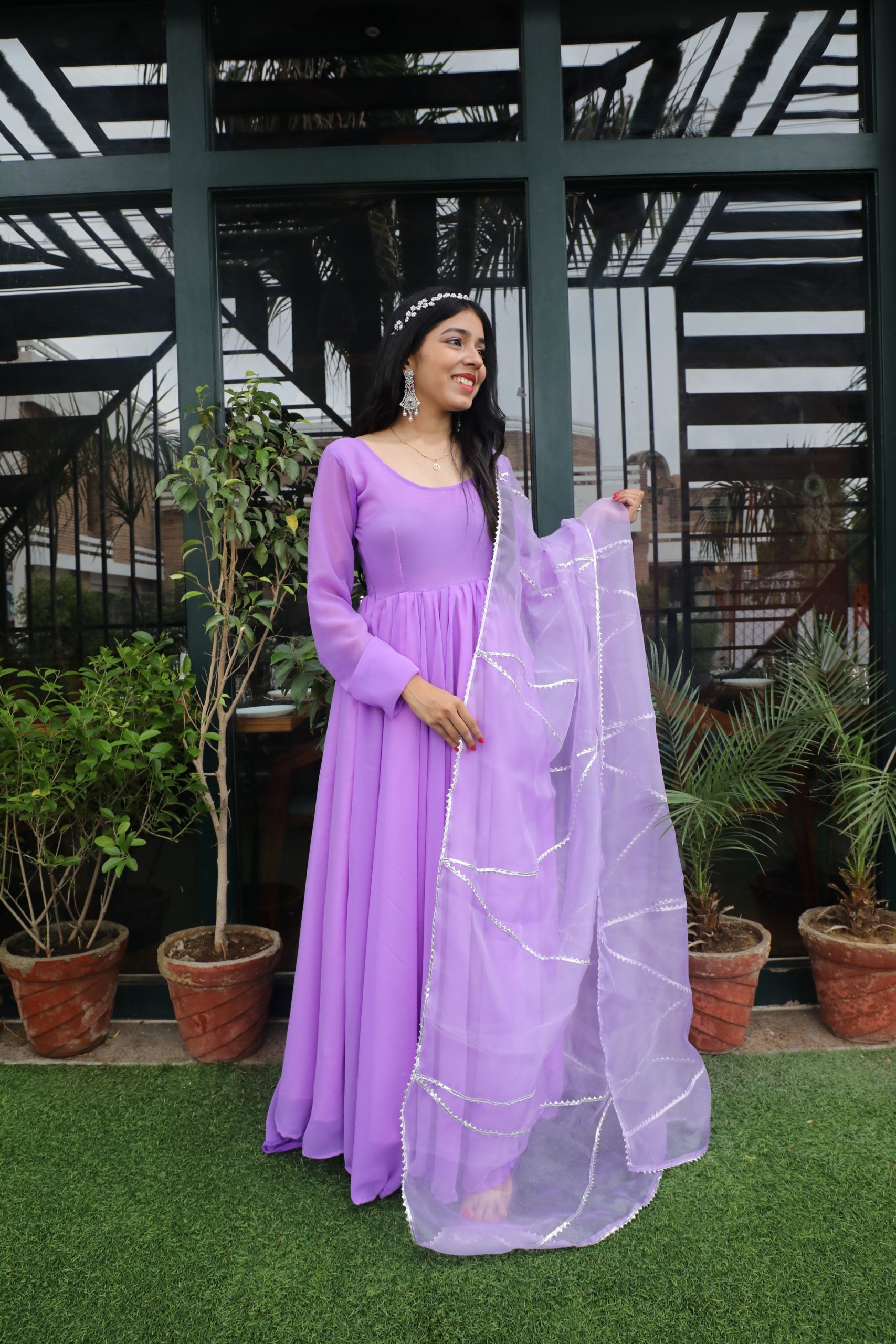 Lavender Georgette Gown with organza dupatta