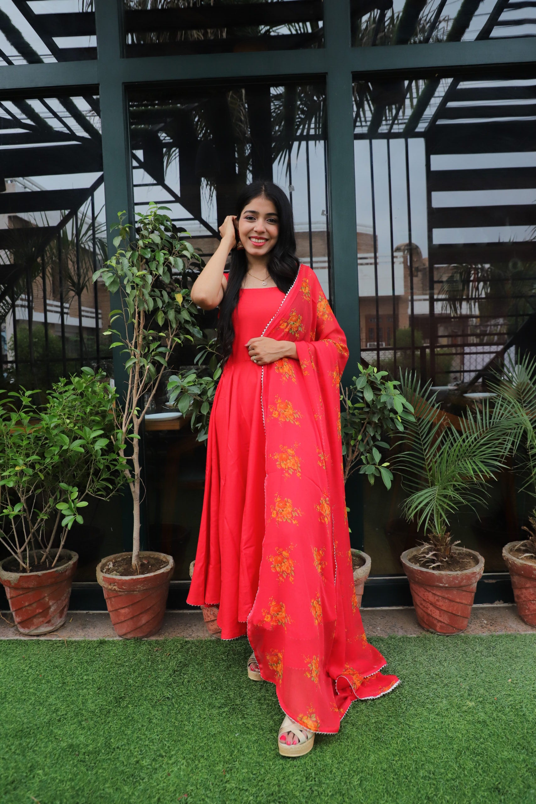 Red Floral Anarkali Set