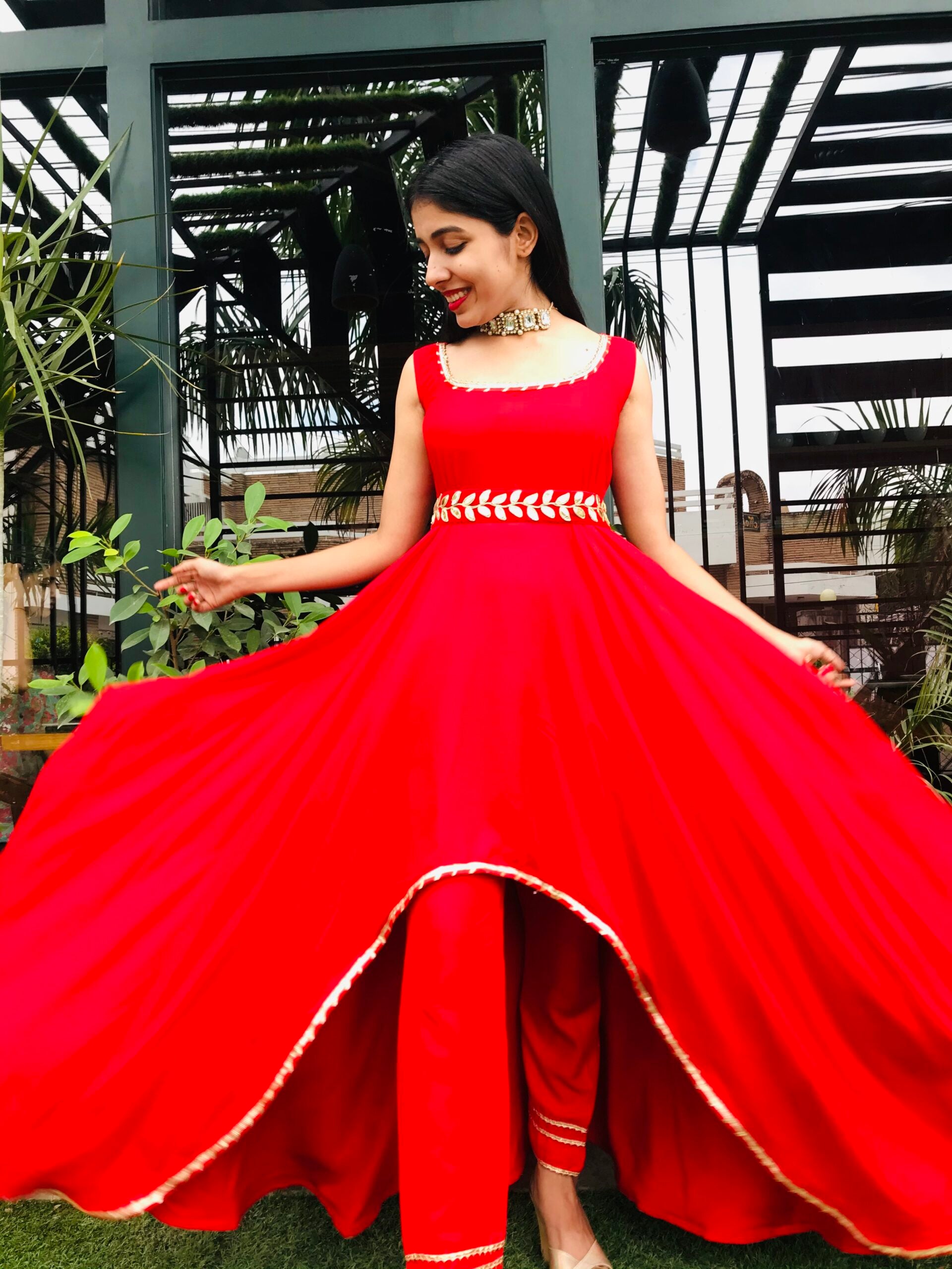 Designer Red Anarkali Gown with belt