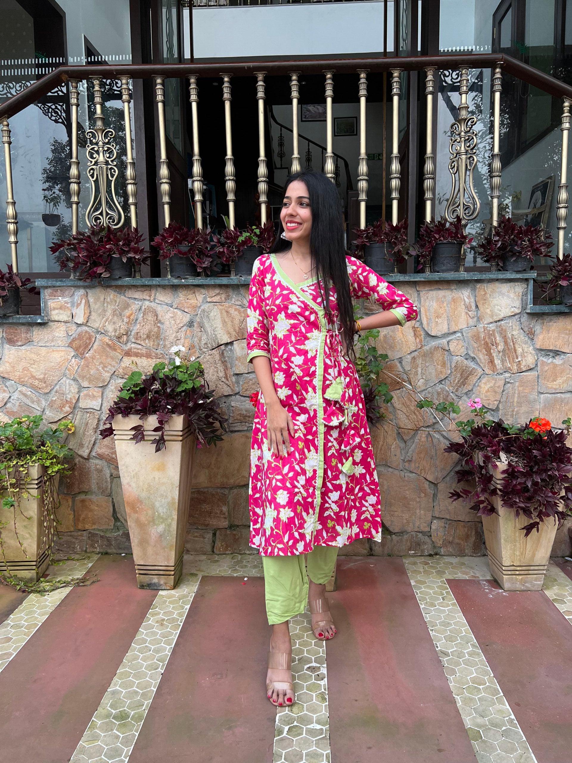 Pink Floral Handblocked Printed Wrap Kurta Set