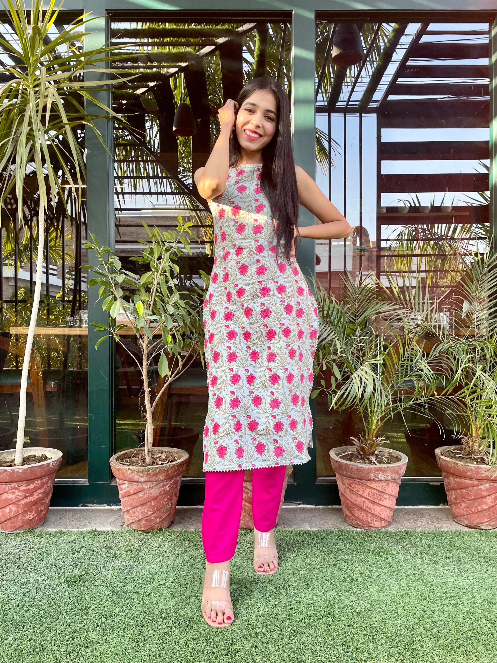 Pink Floral Printed Straight Kurta Set