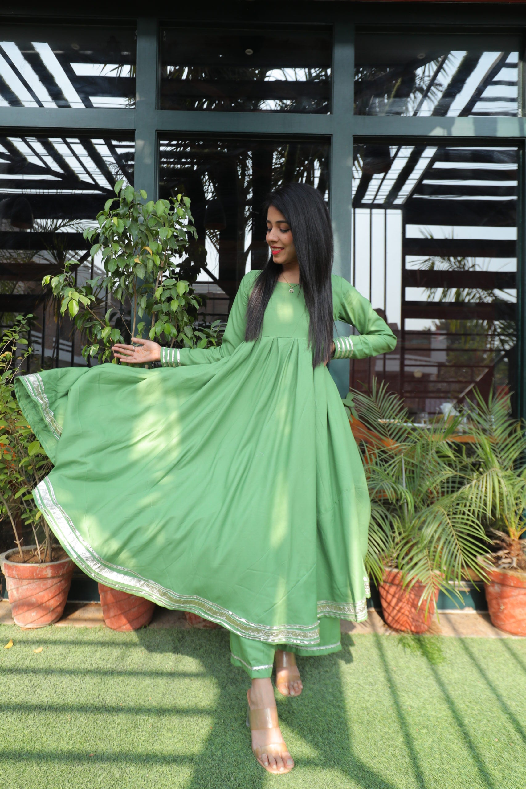 Backless Gota Work Green Anarkali Set